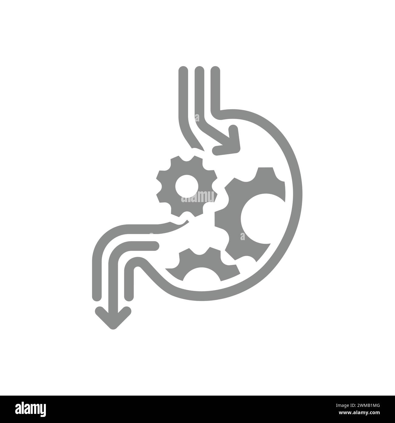 Icona del vettore dello stomaco e dell'ingranaggio. Sistema digestivo e simbolo di digestione. Illustrazione Vettoriale