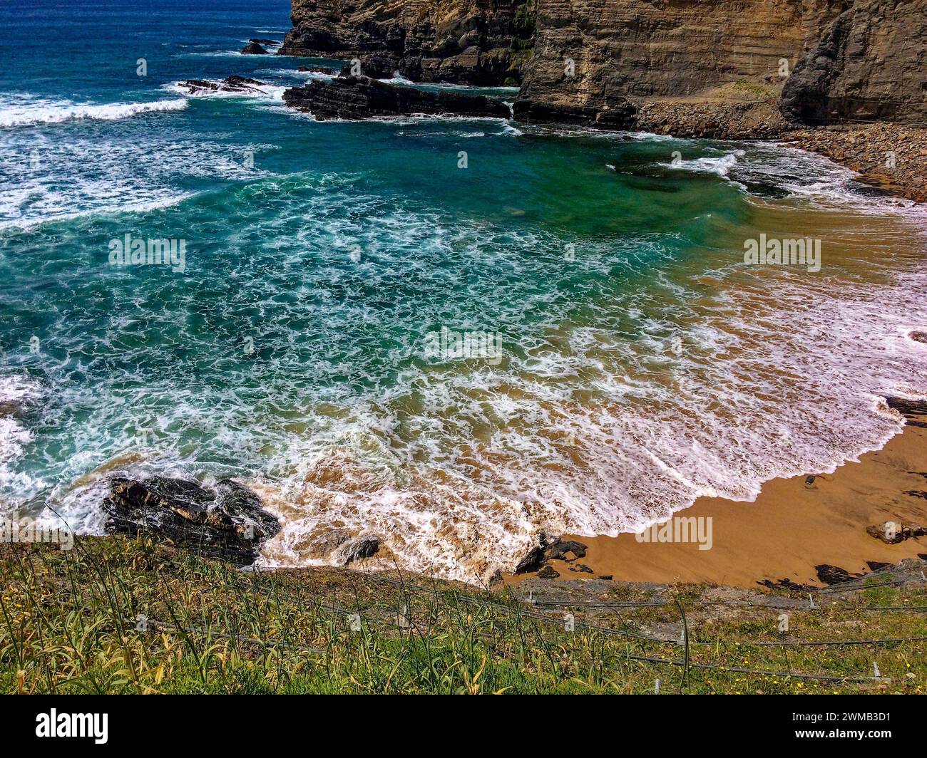 L'immagine mostra una spiaggia con acque turchesi, onde bianche e scogliere rocciose sotto un cielo limpido. L'erba è visibile in primo piano. Foto Stock