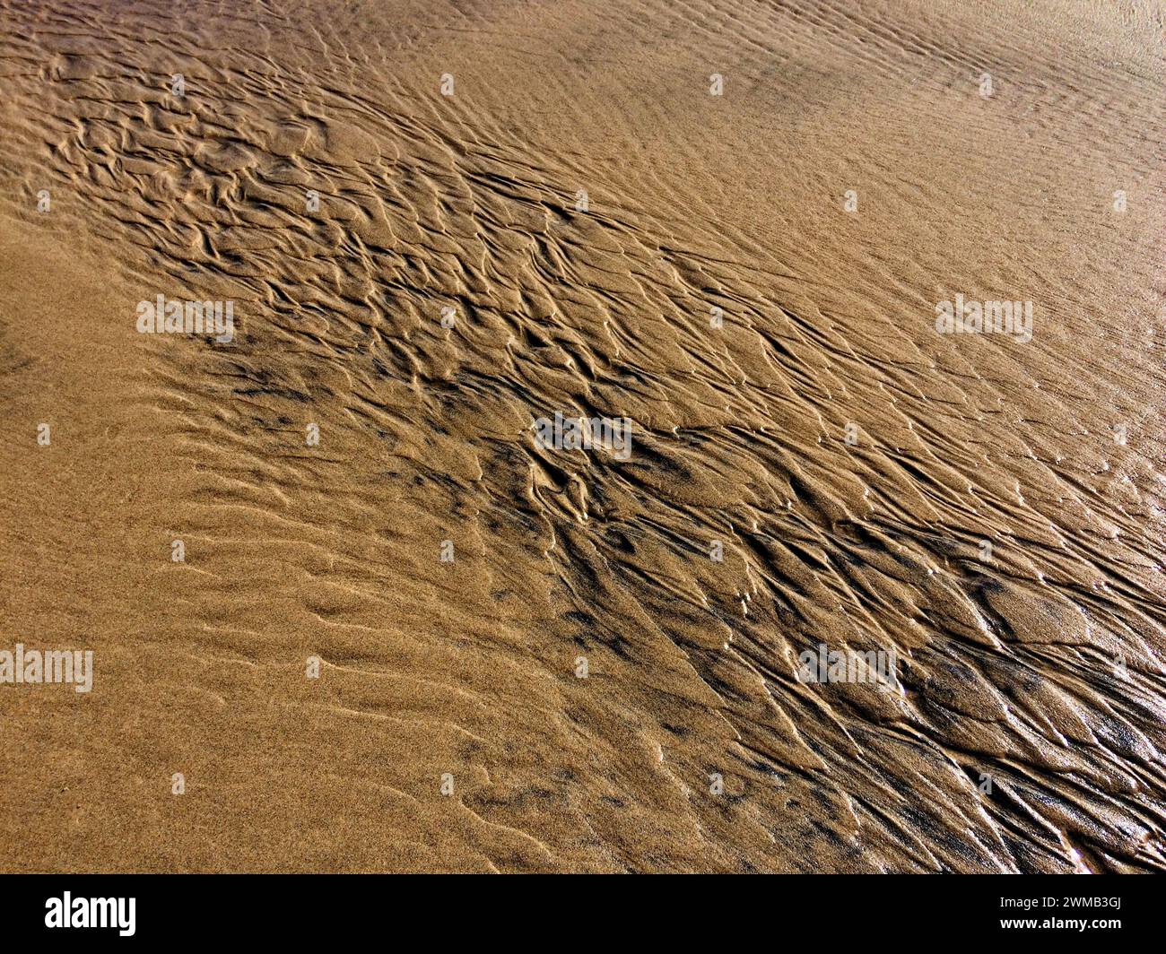 L'immagine cattura un primo piano di sabbia con motivi intricati formati dal flusso d'acqua. Foto Stock