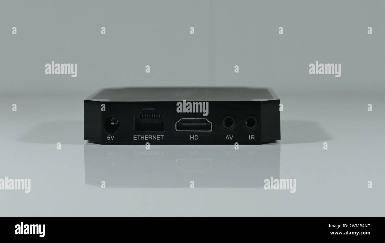 Pannello posteriore di un decoder con connettori e slot diversi per il collegamento Foto Stock