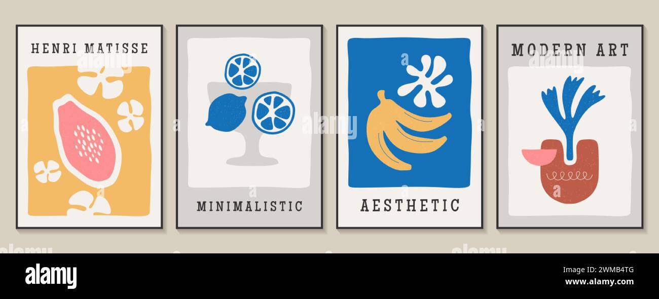 Poster di Matisse con limone, banana e papaya. Arte murale moderna ed estetica, opere d'arte ingenue con frutti tropicali, piante in vaso. Collage minimalista alla moda con elementi botanici in stile contemporaneo Illustrazione Vettoriale