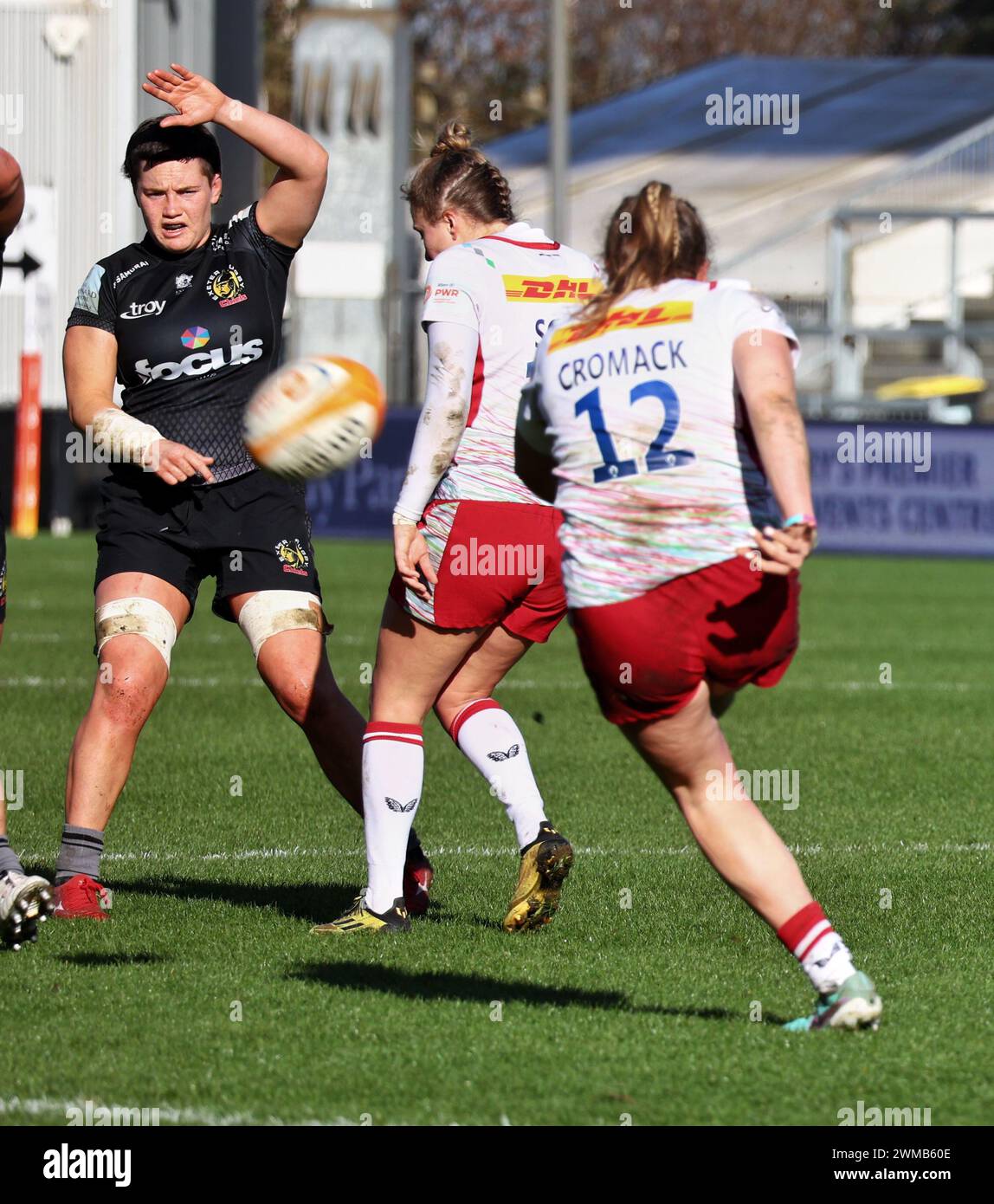 Exeter, Devon, Regno Unito. 24 febbraio 2024. Allianz Premiership Women's Rugby: Exeter Chiefs vs Harlequins Women at Sandy Park, Exeter, Devon, Regno Unito. Nella foto, Ella Cromack prende il via crediti: Nidpor/Alamy Live News Foto Stock