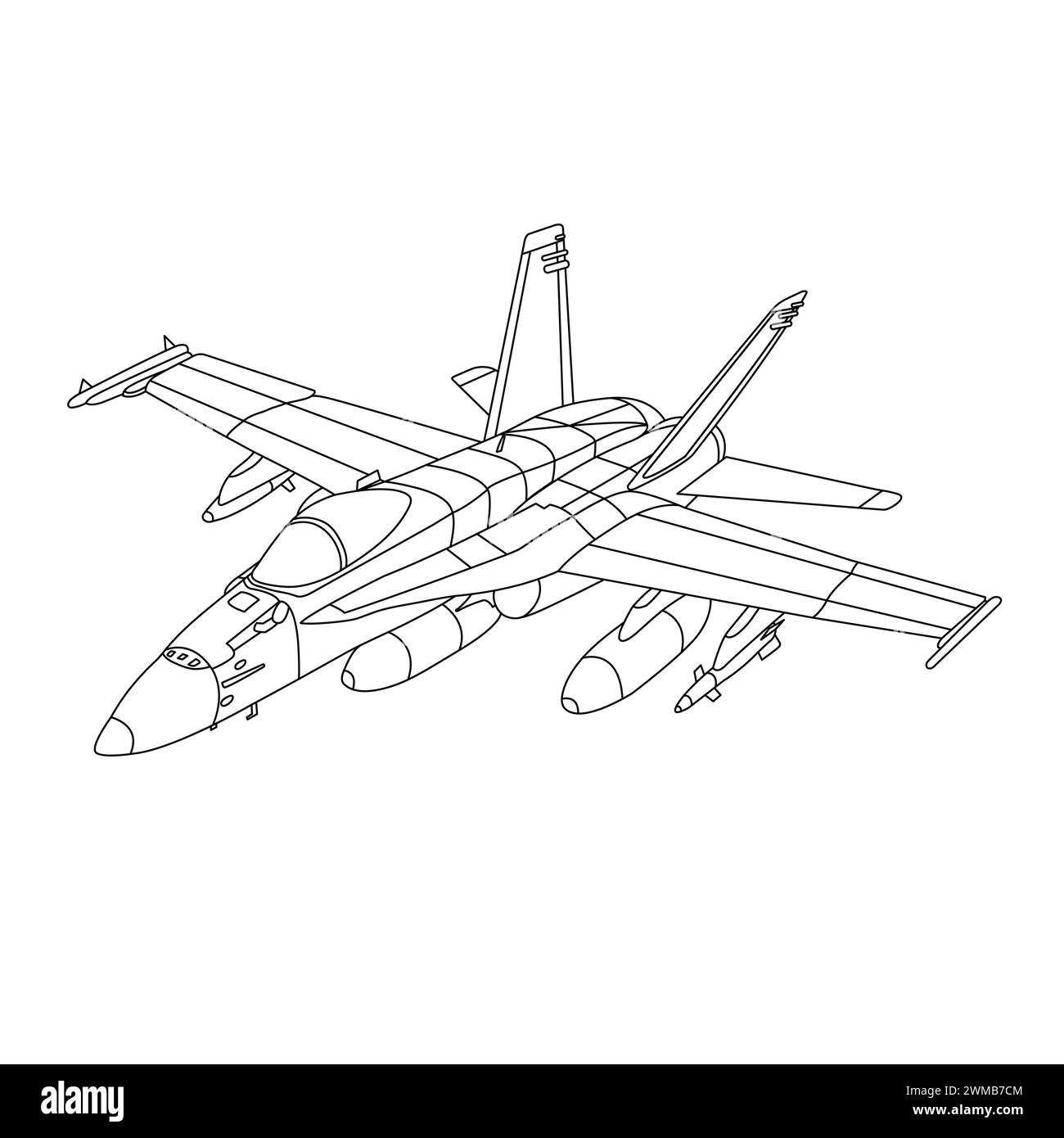 Libro da colorare per aerei F-18 per bambini e adulti. F/A-18 Hornet Military Airplane. Illustrazione di profilo del Fighter Jet F18. War Plane Drawing Line Art Illustrazione Vettoriale