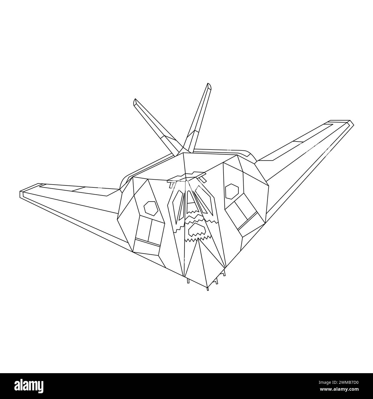 Aircraft F-117 Nighthawk Outline Illustration. Libro da colorare Fighter Jet F117 per bambini e adulti. Aereo militare Vector. Aereo cartoon Illustrazione Vettoriale