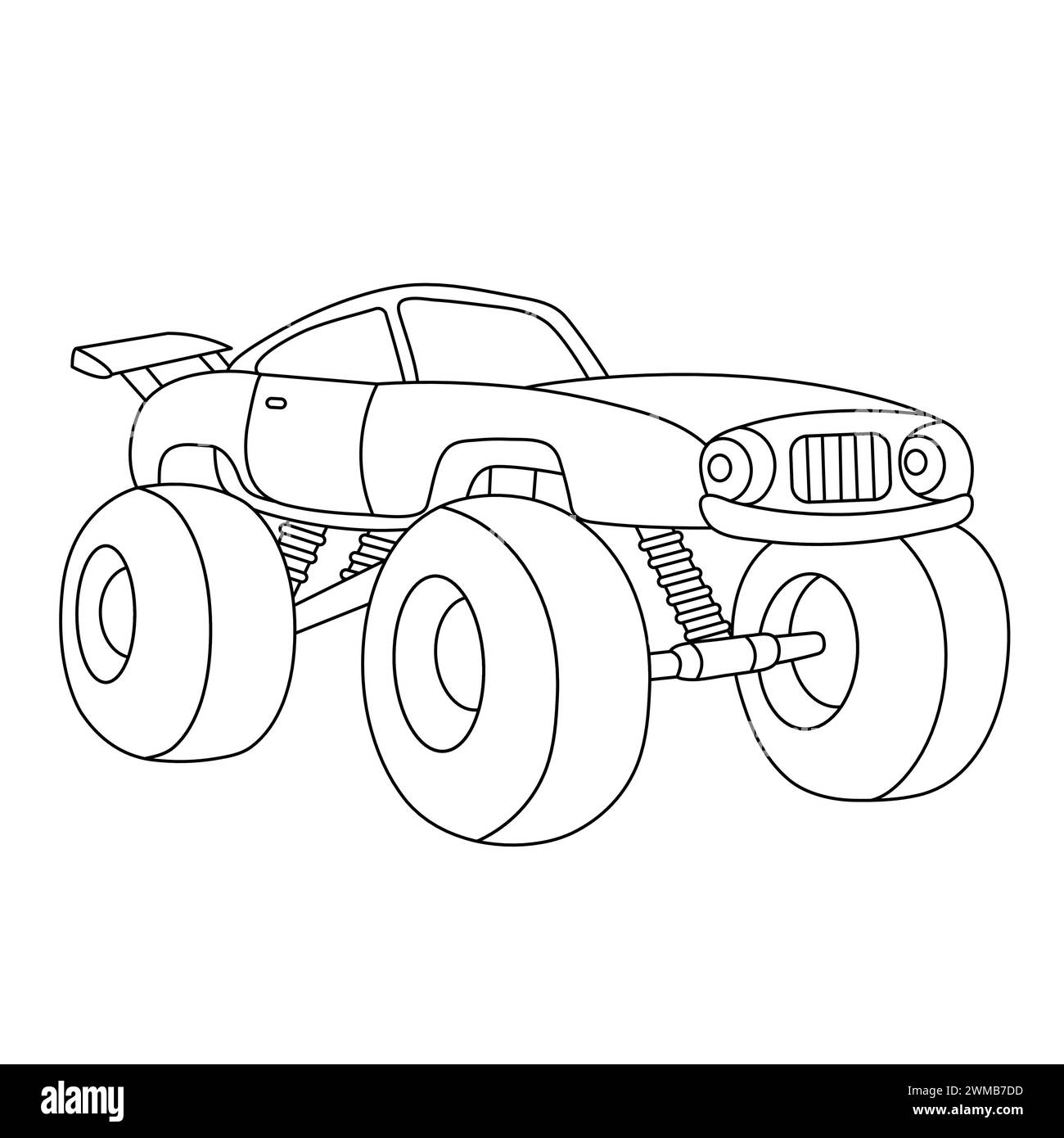 Pagina dei colori dei Monster Truck. Illustrazione vettoriale del veicolo fuoristrada. Design del profilo dell'auto dei cartoni animati Illustrazione Vettoriale