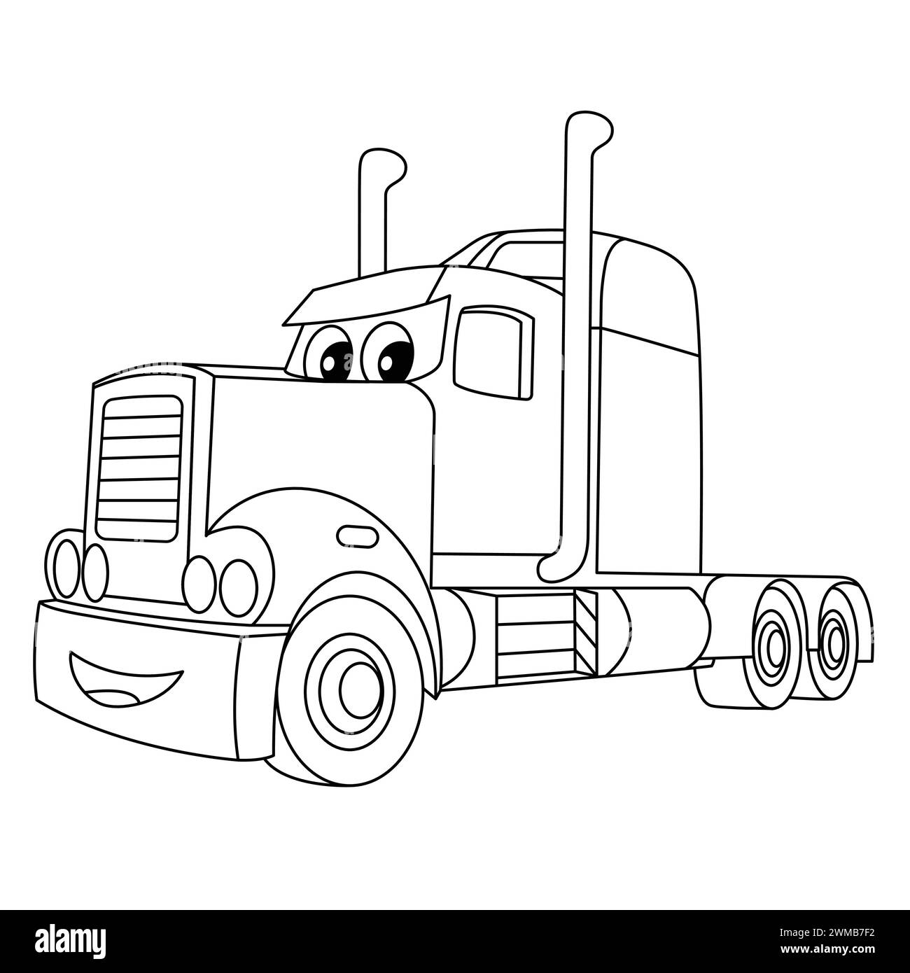 Pagina dei colori dei veicoli Smile Cartoon. Illustrazione del vettore del rimorchio di grandi dimensioni. Veicolo semi-camion pesante con faccia divertente. Profilo autocarro Illustrazione Vettoriale