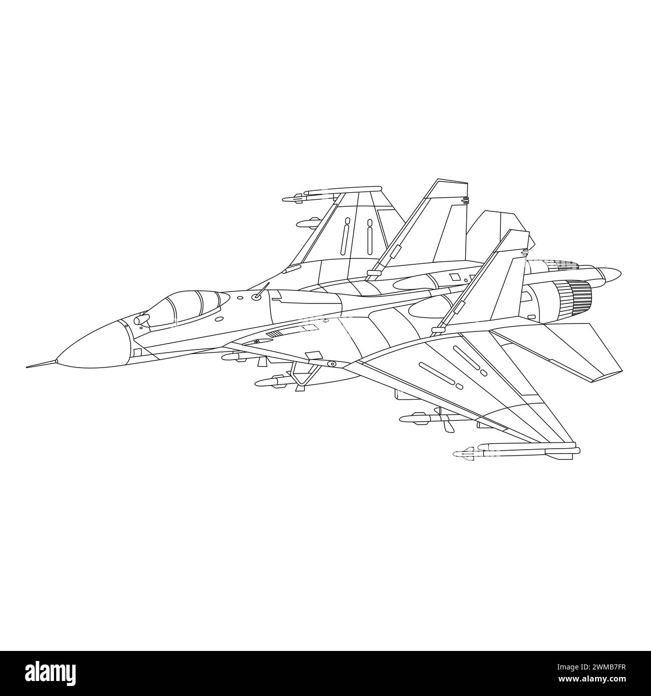 Illustrazione del profilo dell'aeromobile Sukhoi su-27. Libro da colorare Fighter Jet Su27 Flanker per bambini e adulti. Aereo militare isolato su sfondo bianco Illustrazione Vettoriale