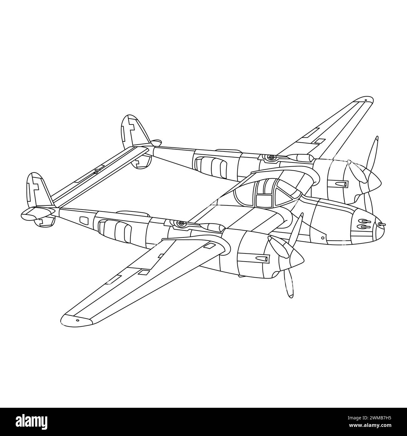 Lockheed P-38 Lightning Aircraft War World II Fighter da colorare pagina. Illustrazione vettore aereo militare. Aereo da guerra d'epoca. Aereo cartoon Illustrazione Vettoriale