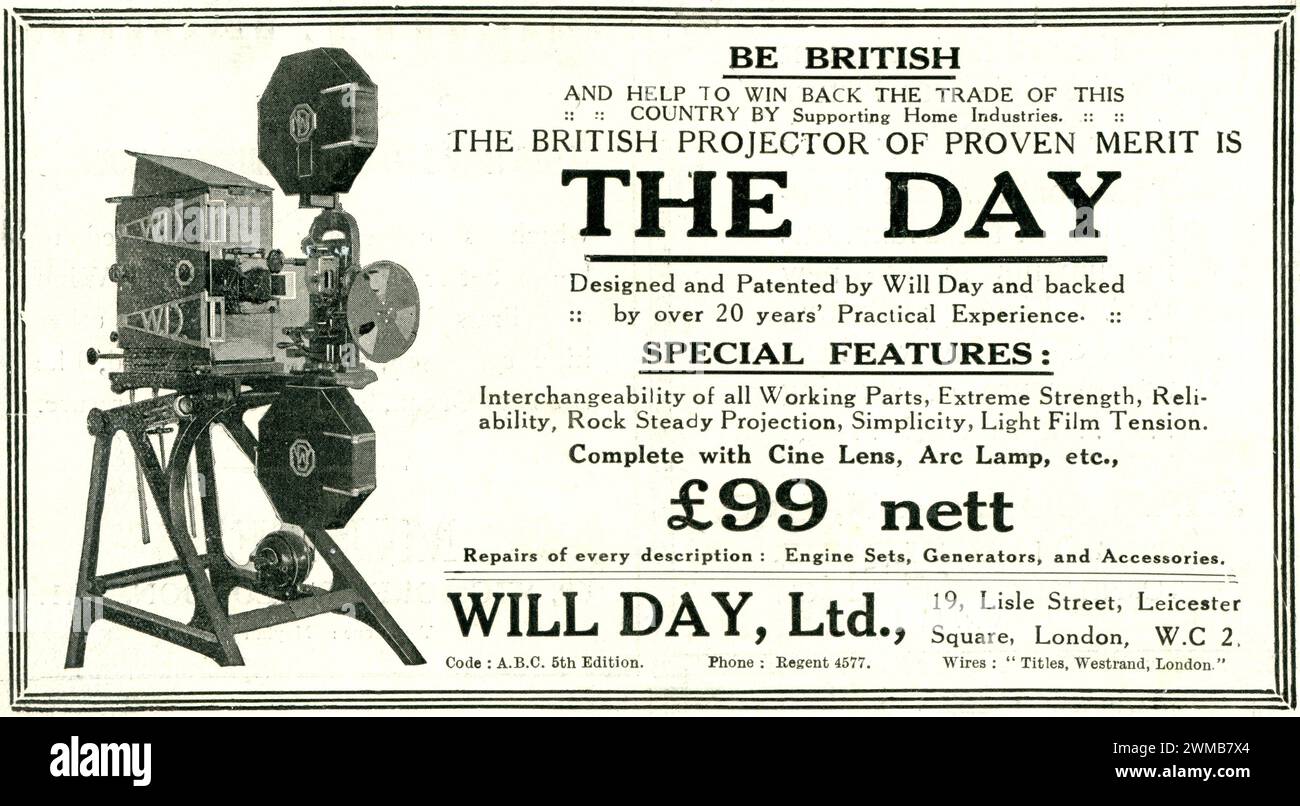 Spot per il British Cinema Projector THE DAY progettato e brevettato da Will Day, Ltd, 19 Lisle Square, Leicester Square, London WC2 Foto Stock