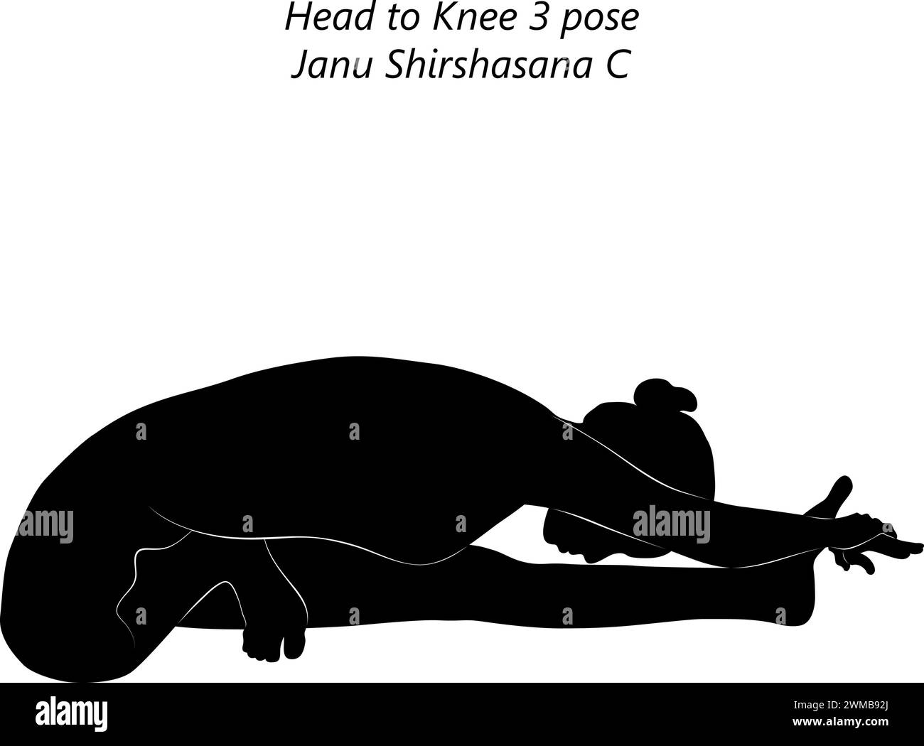 Silhouette di donna che fa yoga Janu Shirshasana C. testa a ginocchio 3 posa. Difficoltà intermedia. Illustrazione vettoriale isolata Illustrazione Vettoriale