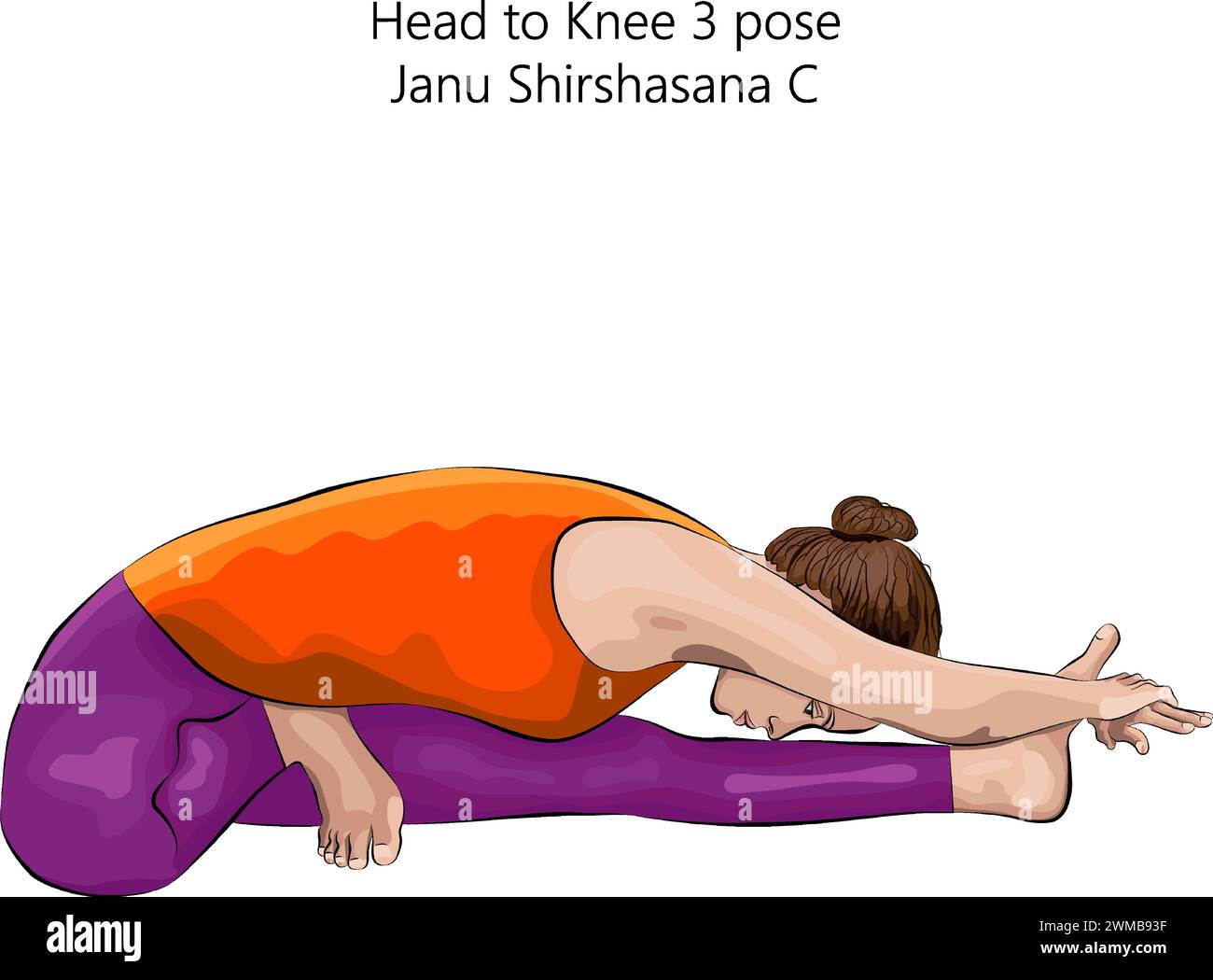 Giovane donna che fa yoga Janu Shirshasana C. testa a ginocchio 3 posa. Difficoltà intermedia. Illustrazione vettoriale isolata. Illustrazione Vettoriale