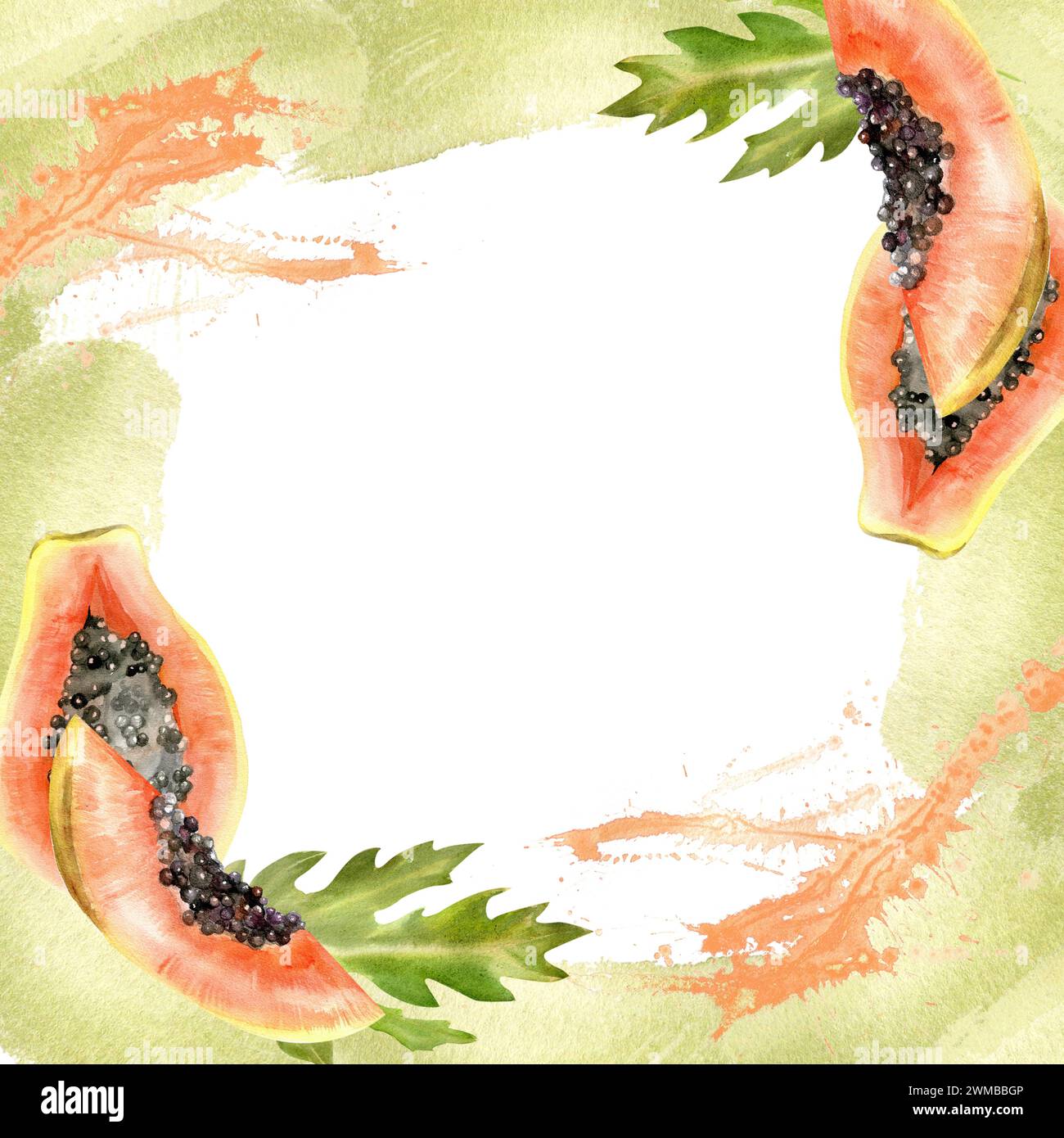 Illustrazione della cornice in papaya tropicale ad acquerello. Bordi di frutta esotica disegnati a mano con schizzi verdi, fette di papaya e pezzi da confezionare, etichetta, logo Foto Stock