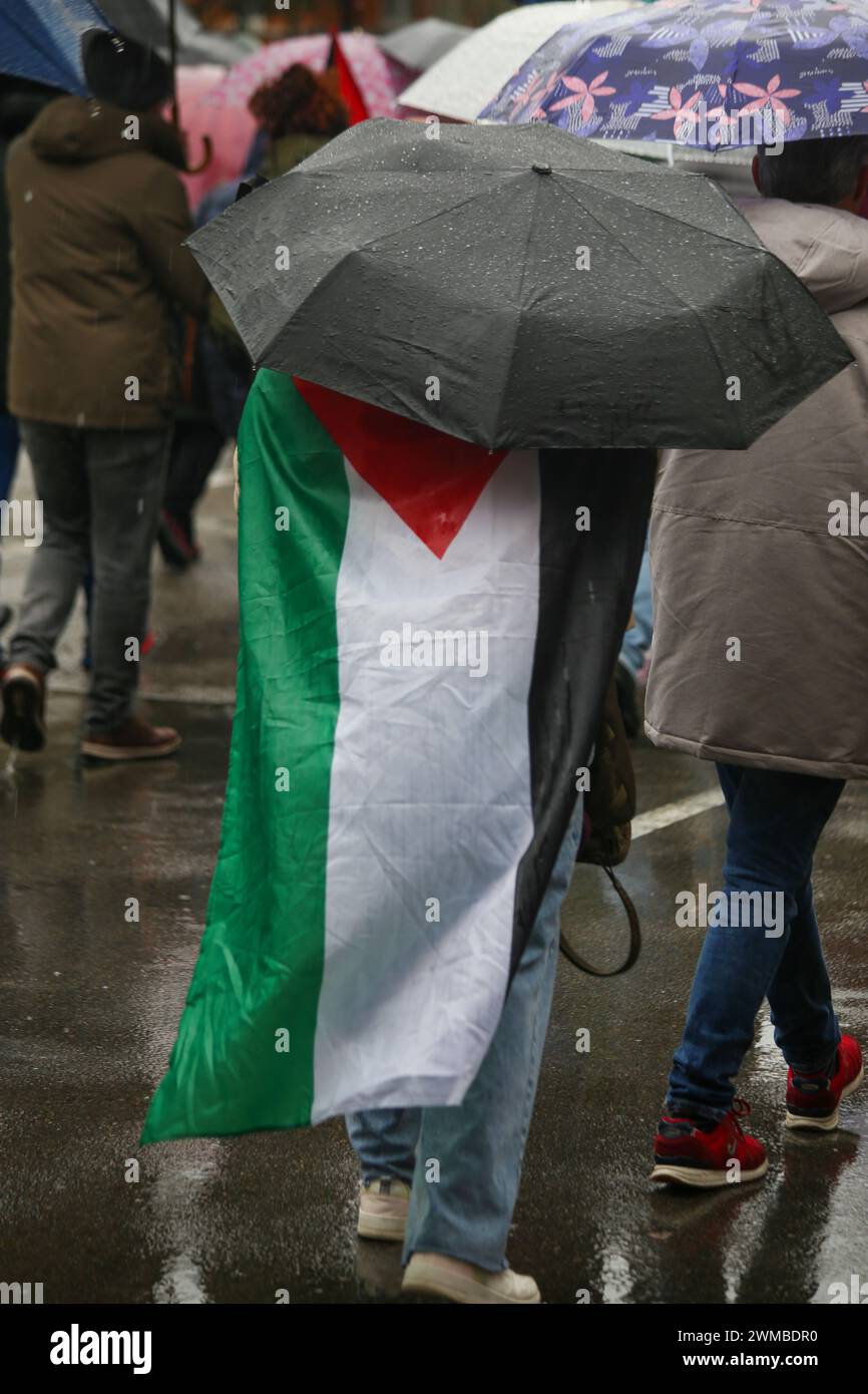 Gijón, Spagna, 25 febbraio 2024: Una ragazza coperta da una bandiera palestinese durante la dimostrazione Stop the Genocide in Palestine, End the Arms Trade and Relations with Israel, il 25 febbraio 2024, a Gijón, Spagna. Crediti: Alberto Brevers / Alamy Live News. Foto Stock