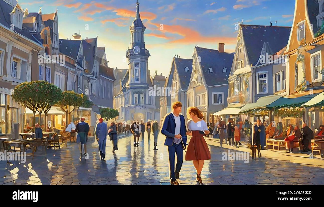 Coppia che cammina nelle pittoresche strade della città olandese. Intimo e romantico incontro con illustrazioni e incontri Foto Stock