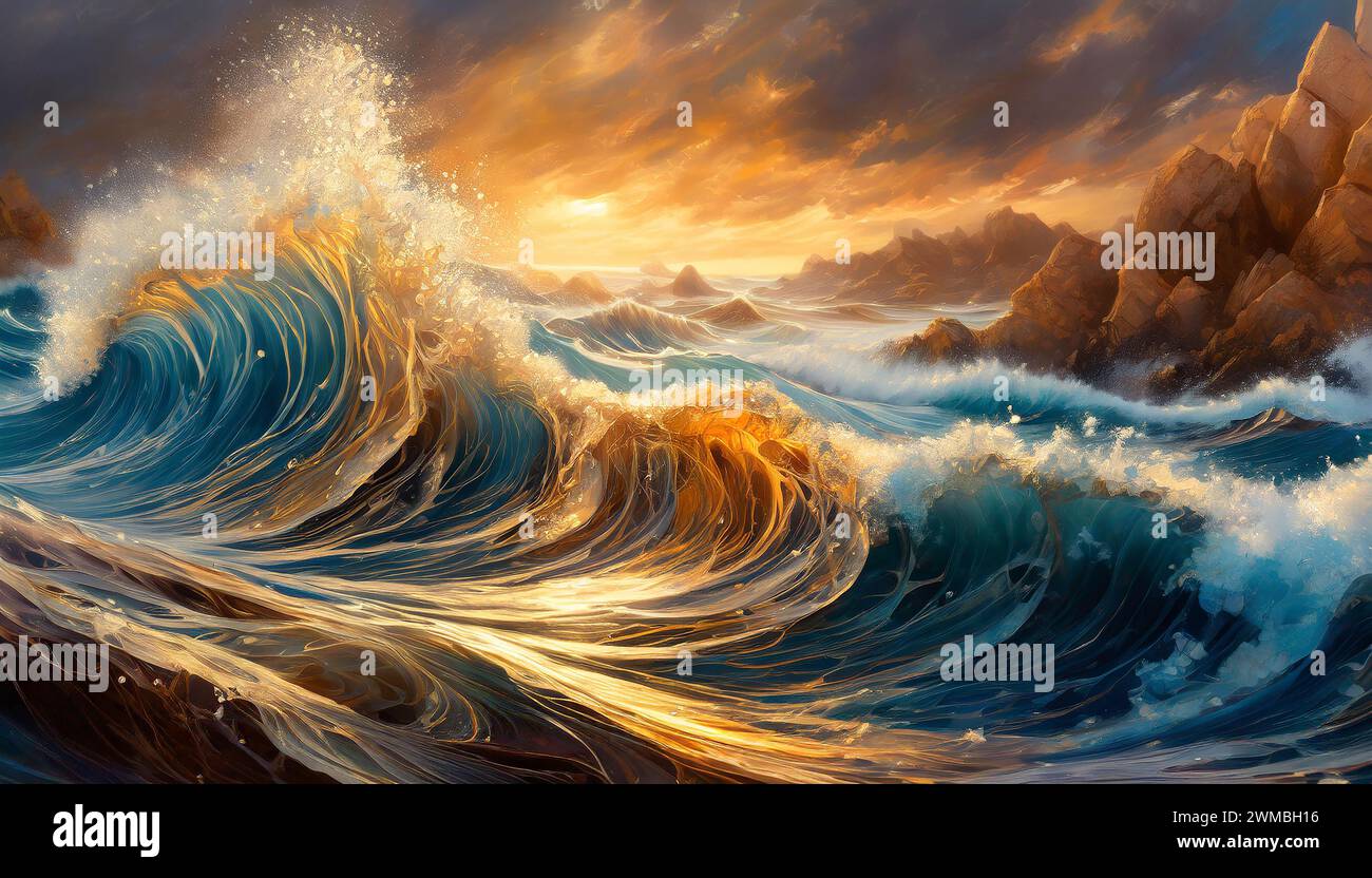 Vivace e dinamico paesaggio marino con grandi onde contro un sole basso che contrasta blu e arancione Foto Stock
