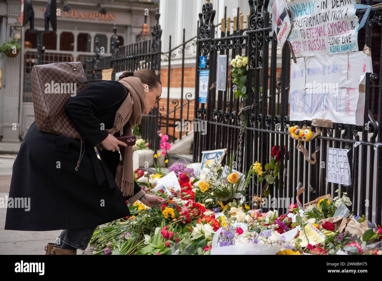 Londra, Regno Unito. 24 febbraio 2024. Un lutto mette un bouquet di garofano in memoria di Alexei Navalny di fronte all'ambasciata russa a Londra. Alexei Navalny era il più feroce oppositore del presidente russo Vladimir Putin. Navalny morì il 16 febbraio 2024 sulla colonia penale artica dopo la sua passeggiata mattutina secondo la versione ufficiale. Dal momento che Alexei Navalny è morto, le persone fanno tributi floreali per lui davanti al Boris Nemtsov Place di fronte all'ambasciata russa a Londra, Regno Unito. (Foto di Krisztian Elek/SOPA Images/Sipa USA) credito: SIPA USA/Alamy Live News Foto Stock