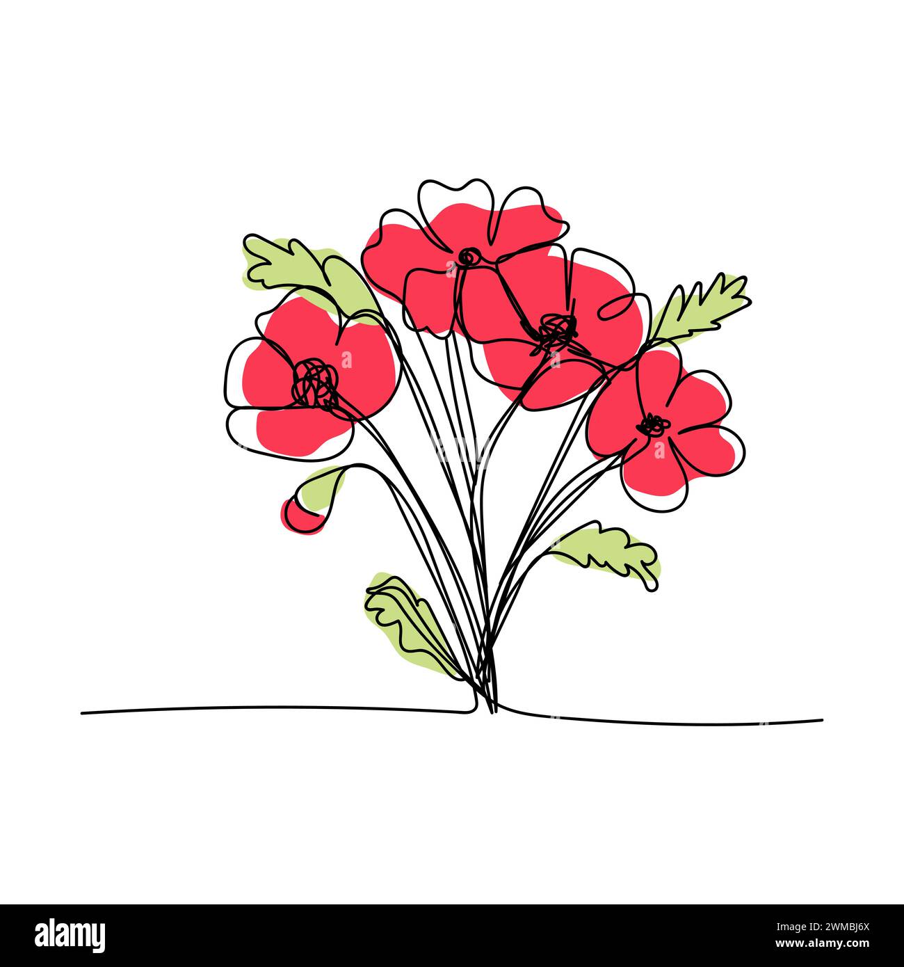 arte di linea, bouquet di fiori papavero primavera ed estate, disegno su una sola linea. sfondo bianco vettoriale Illustrazione Vettoriale