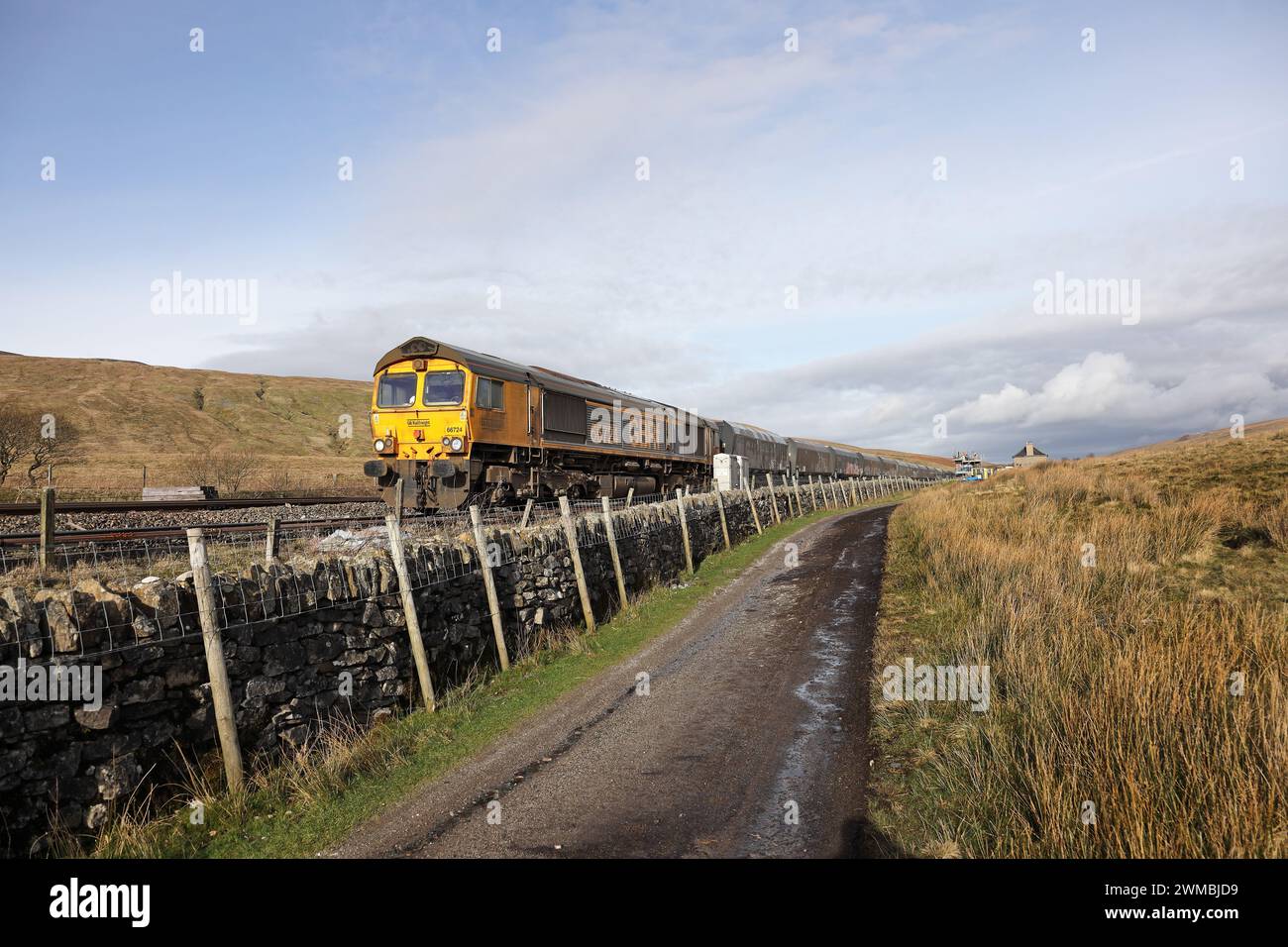 Treno merci con un distintivo della centrale elettrica Drax sul lato della ferrovia Settlement to Carlisle presso i binari Bleamoor vicino a Ribblehead, Yorkshire Dales, Foto Stock