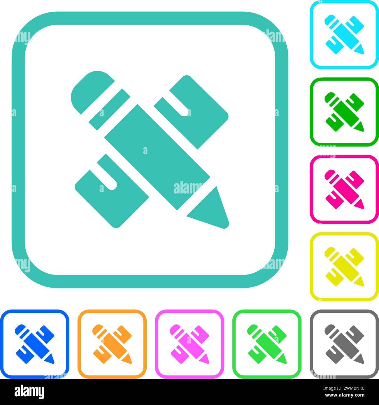 Matita e righello icone piatte dai colori vivaci con bordi curvi su sfondo bianco Illustrazione Vettoriale