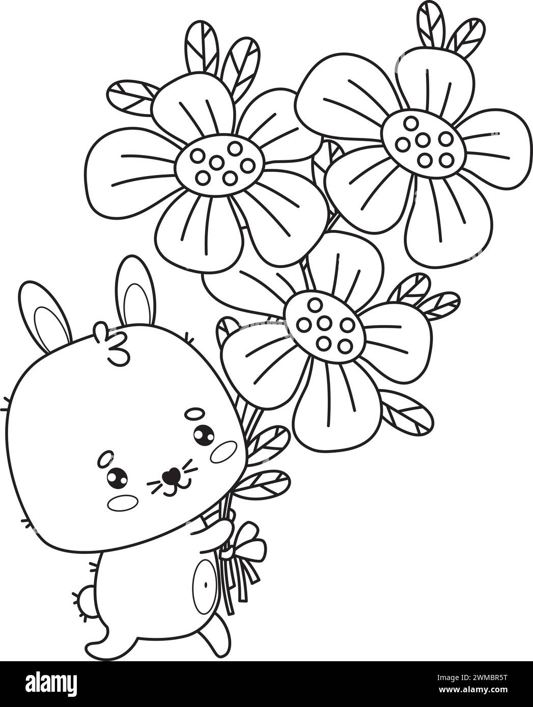 Bel coniglietto con bouquet di fiori. Contorno divertente personaggio degli animali kawaii. Illustrazione vettoriale. Disegno al tratto, libro da colorare. Collezione bambini. Illustrazione Vettoriale