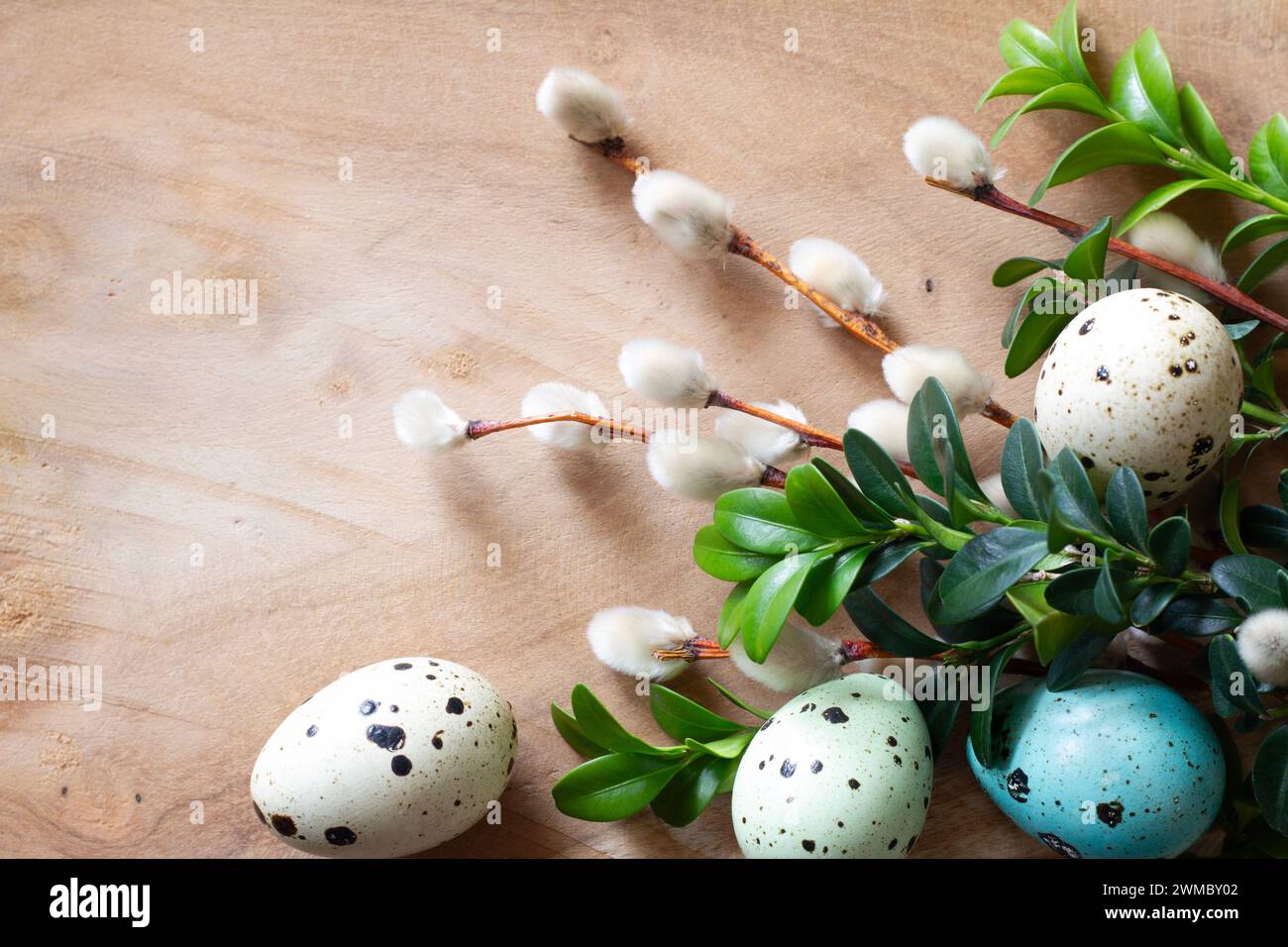 Decorazioni pasquali con uova di pasqua, gatti e ramoscelli di bosso su sfondo in legno Foto Stock
