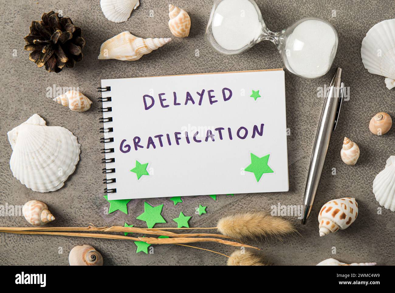 Concetto di gratificazione ritardata. Testo su carta decorato con conchiglie in studio al chiuso. Foto Stock