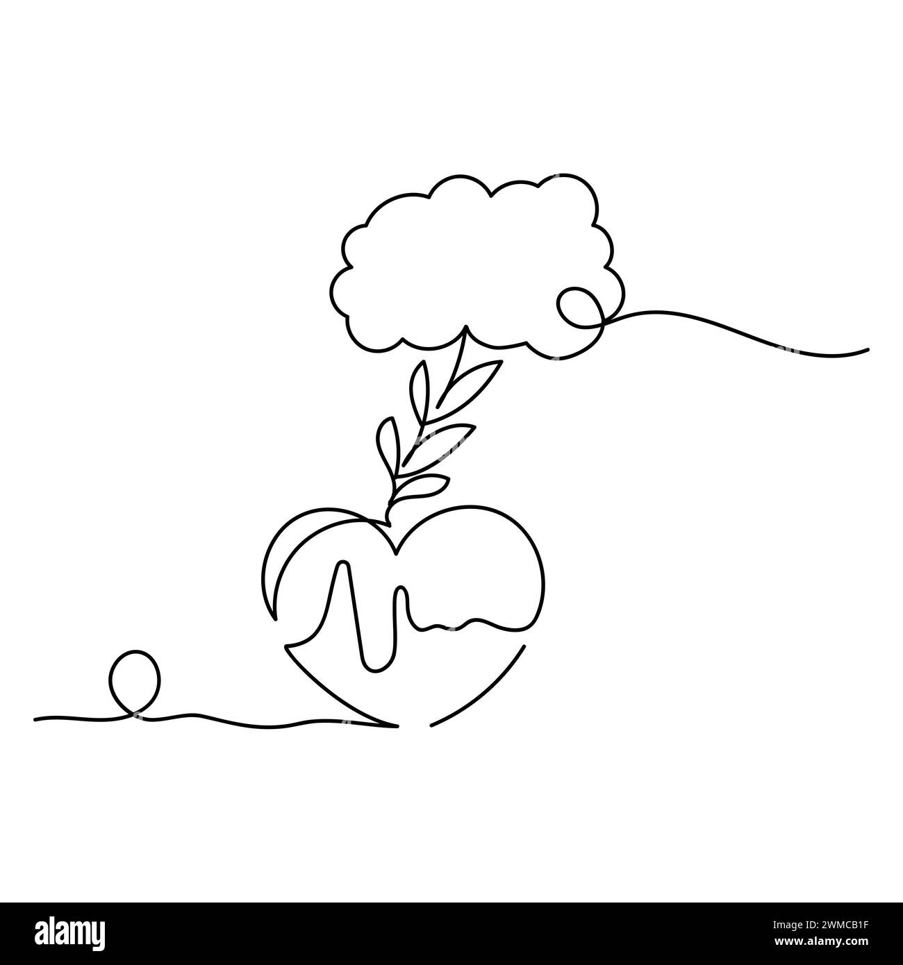 Illustrazione line art connessione cuore e cervello. Cuore sano, concetto di benessere mentale positivo. Illustrazione Vettoriale