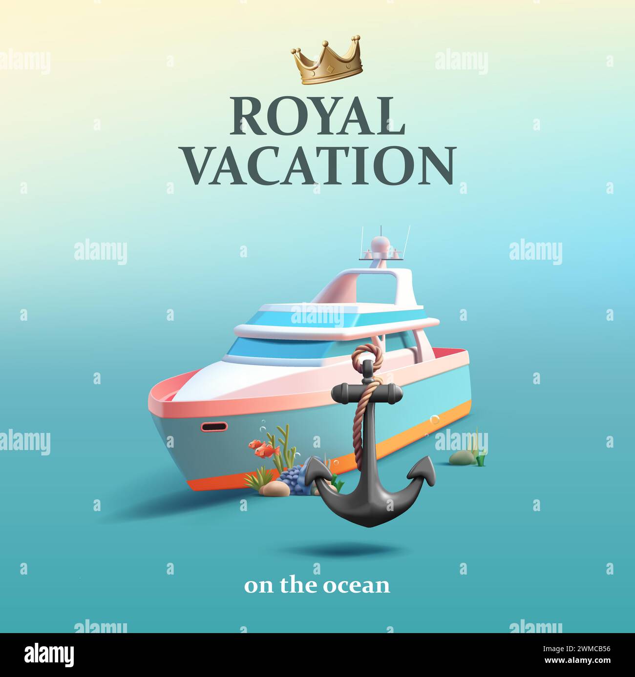 Banner Royal Holiday con illustrazione 3d dello yacht con ancora in metallo e coralli marini con pesci, composizione di cartoni animati in stile rendering, pubblicità Illustrazione Vettoriale