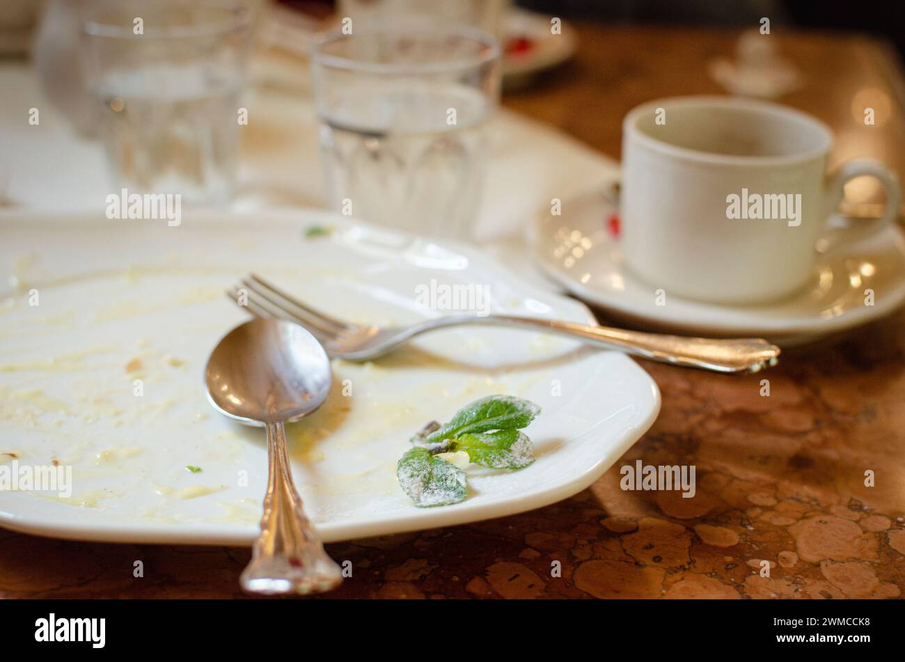 piatti vuoti nel ristorante, grazie per la mancia, la soddisfazione Foto Stock