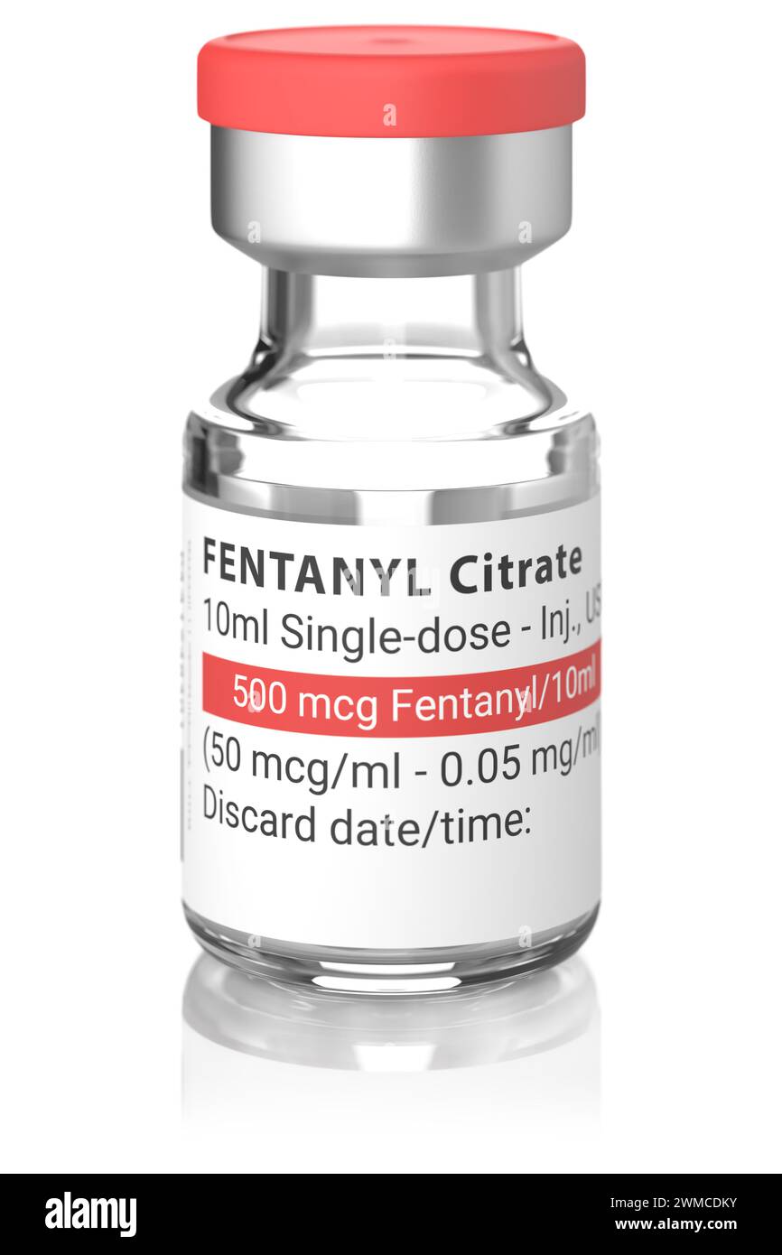 Una fiala del farmaco Fentanyl usata come analgesico ma anche fonte della crisi degli oppioidi. Isolato su bianco con riflesso Foto Stock