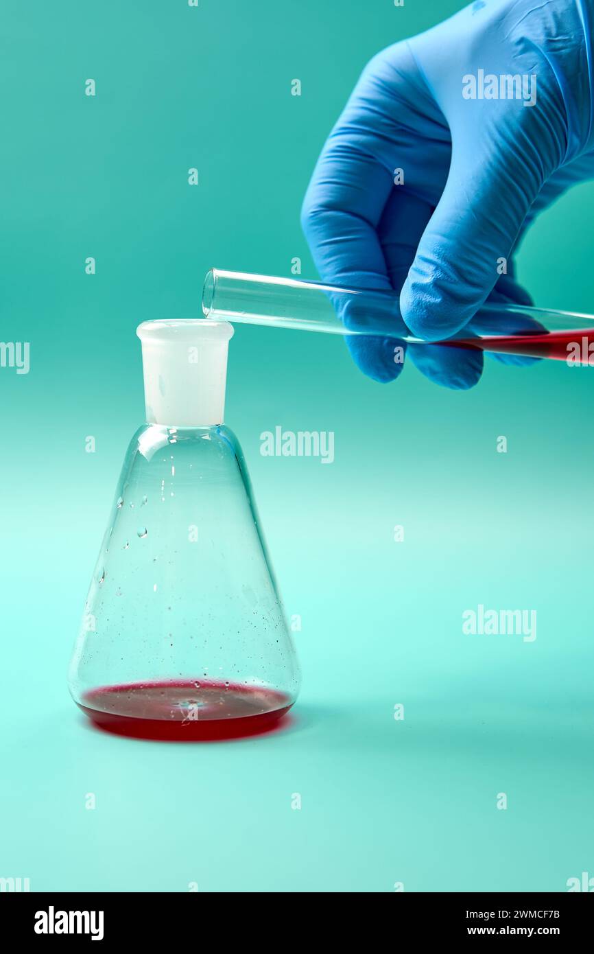 Mano di scienziato medico anonimo in guanto monouso che versa campione liquido rosso dalla provetta di prova nel matraccio di titolazione durante il laboratorio scientifico resear Foto Stock
