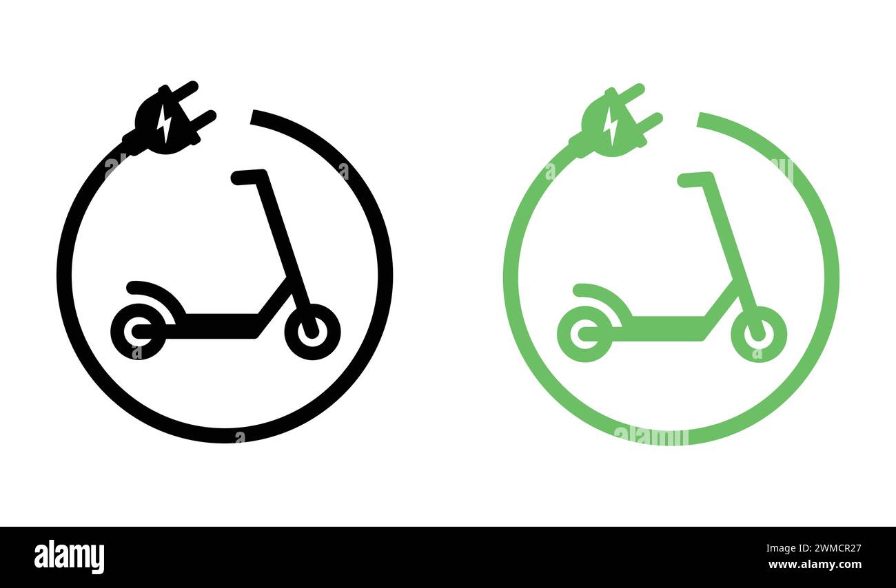 Set di icone Scooter elettrico. Icone di ricarica dello scooter elettrico. Simbolo di trasporto ecologico. E-Scooter con simbolo Thunderbolt. Vector Flat Green ecologico Illustrazione Vettoriale