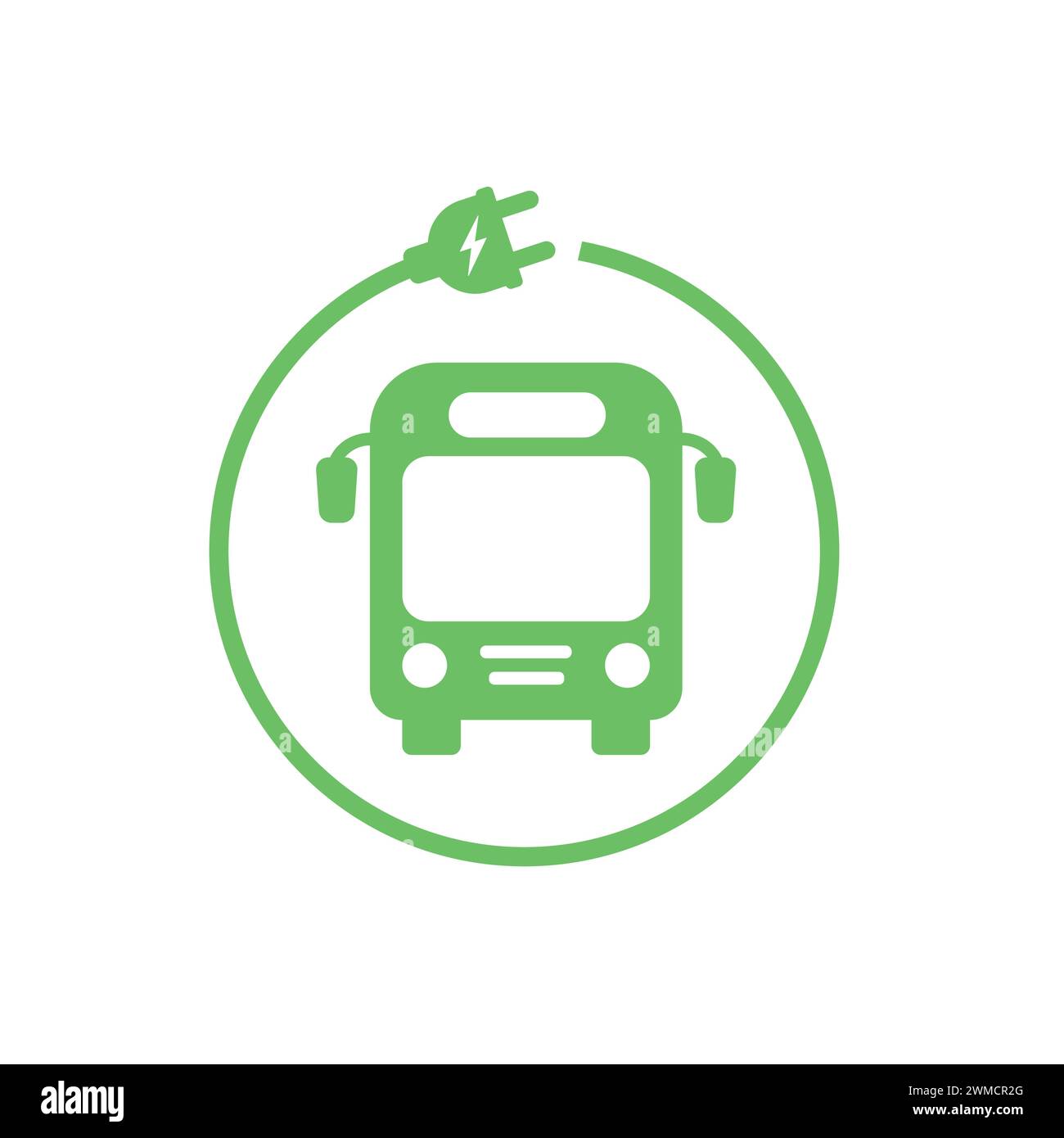 Icona di ricarica bus elettrico. Segnale veicolo elettrico. Eco Electric Bus con icona verde della spina e isolata su sfondo bianco. Punto di ricarica del veicolo ibrido Illustrazione Vettoriale