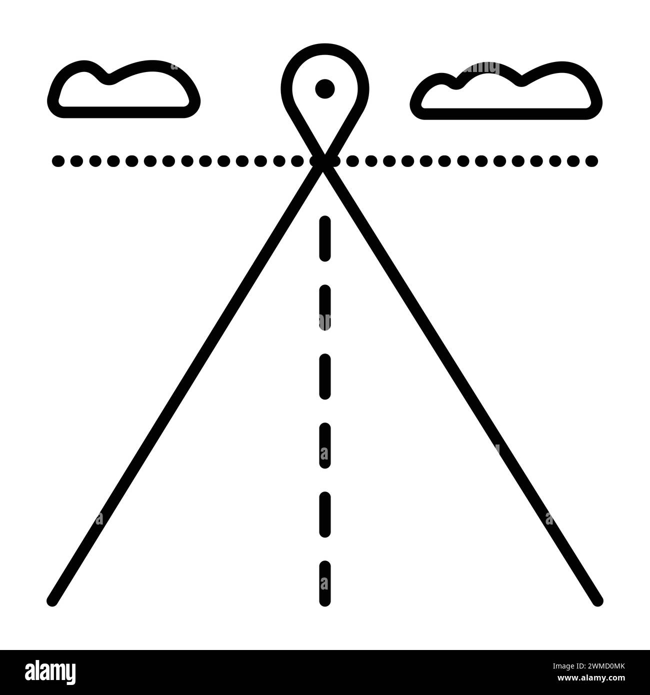 Modalità di consegna, strada, skyline e destinazione, icona vettoriale della linea nera del percorso e della posizione Illustrazione Vettoriale
