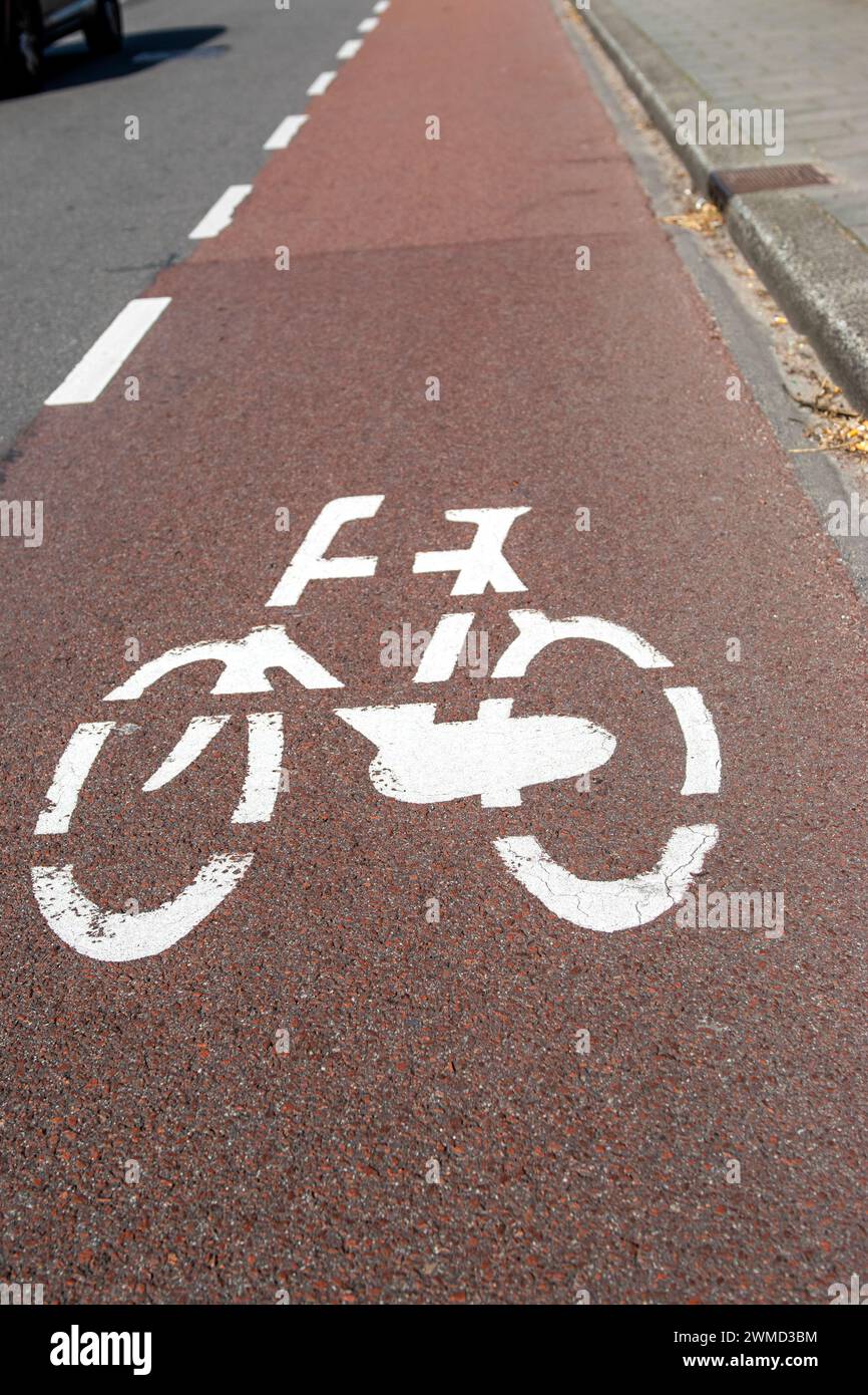 Cartello stradale dipinto che indica una pista ciclabile nei Paesi Bassi Foto Stock