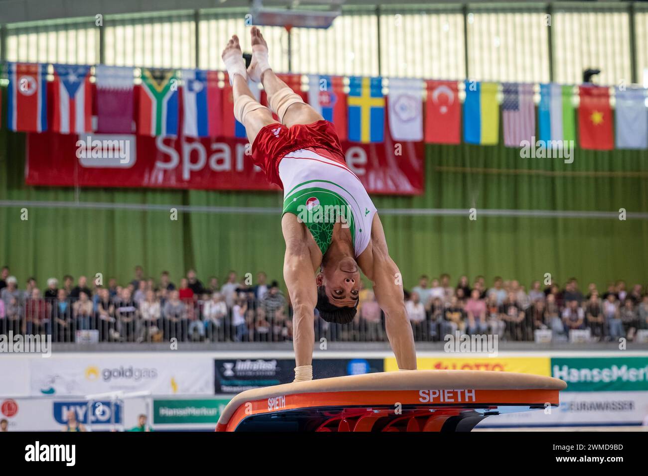Cottbus, Germania. 25 febbraio 2024. Ginnastica: Coppa del mondo, uomini: Caveau, finale alla Lausitz Arena. Mahdi Olfati dall'Iran in azione. Crediti: Frank Hammerschmidt/dpa/Alamy Live News Foto Stock