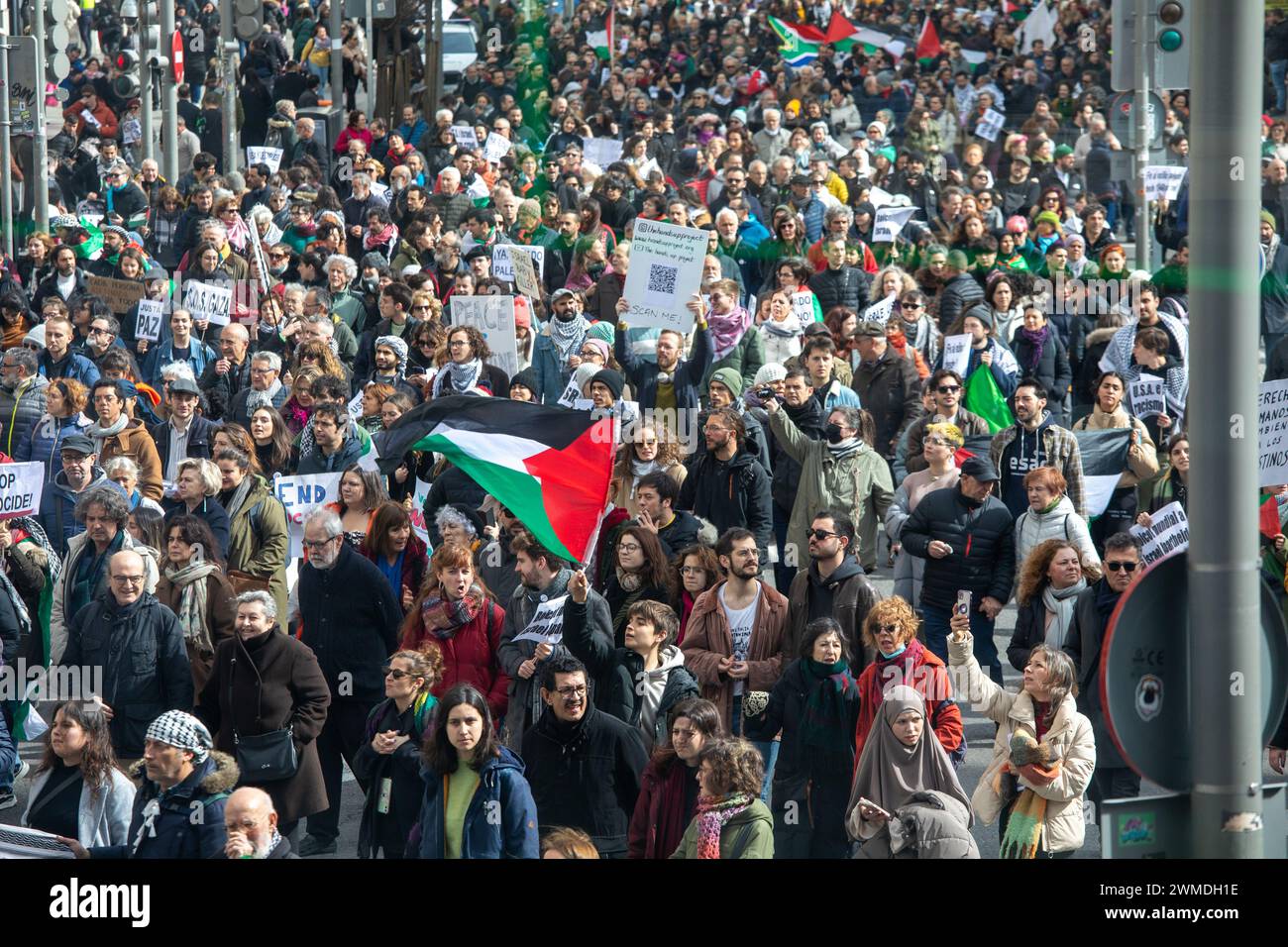 Madrid, Spagna. 25 febbraio 2024. I manifestanti marciano per strada tenendo bandiere e cartelli palestinesi durante la manifestazione pro-palestinese. Migliaia di persone hanno manifestato domenica 25 febbraio nel centro di Madrid per chiedere il cessate il fuoco da parte dello Stato di Israele contro il popolo palestinese e la fine della vendita di armi da parte della Spagna allo Stato di Israele. Credito: SOPA Images Limited/Alamy Live News Foto Stock