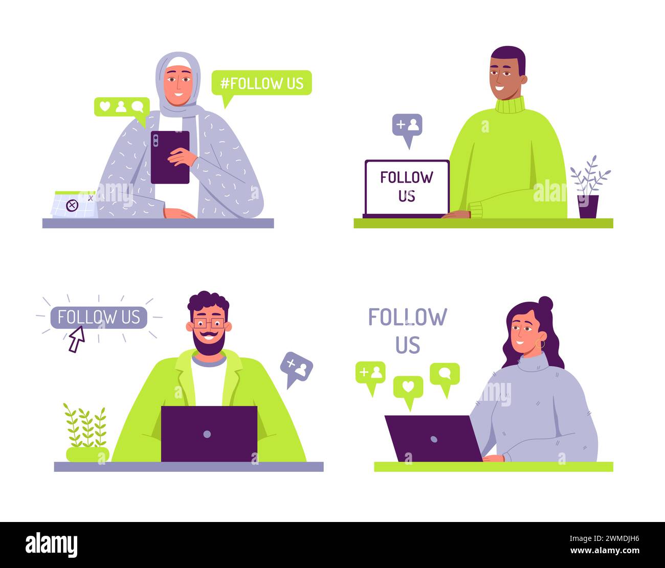 Seguici con i badge creativi dei social media con messaggio di offerta. Diversi personaggi maschili e femminili con gadget Illustrazione Vettoriale