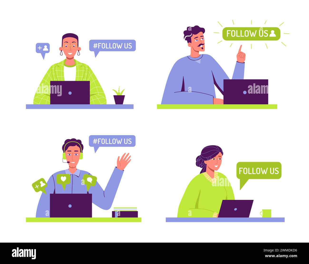 Seguiteci. Badge creativi dei social media con messaggio di offerta Illustrazione Vettoriale