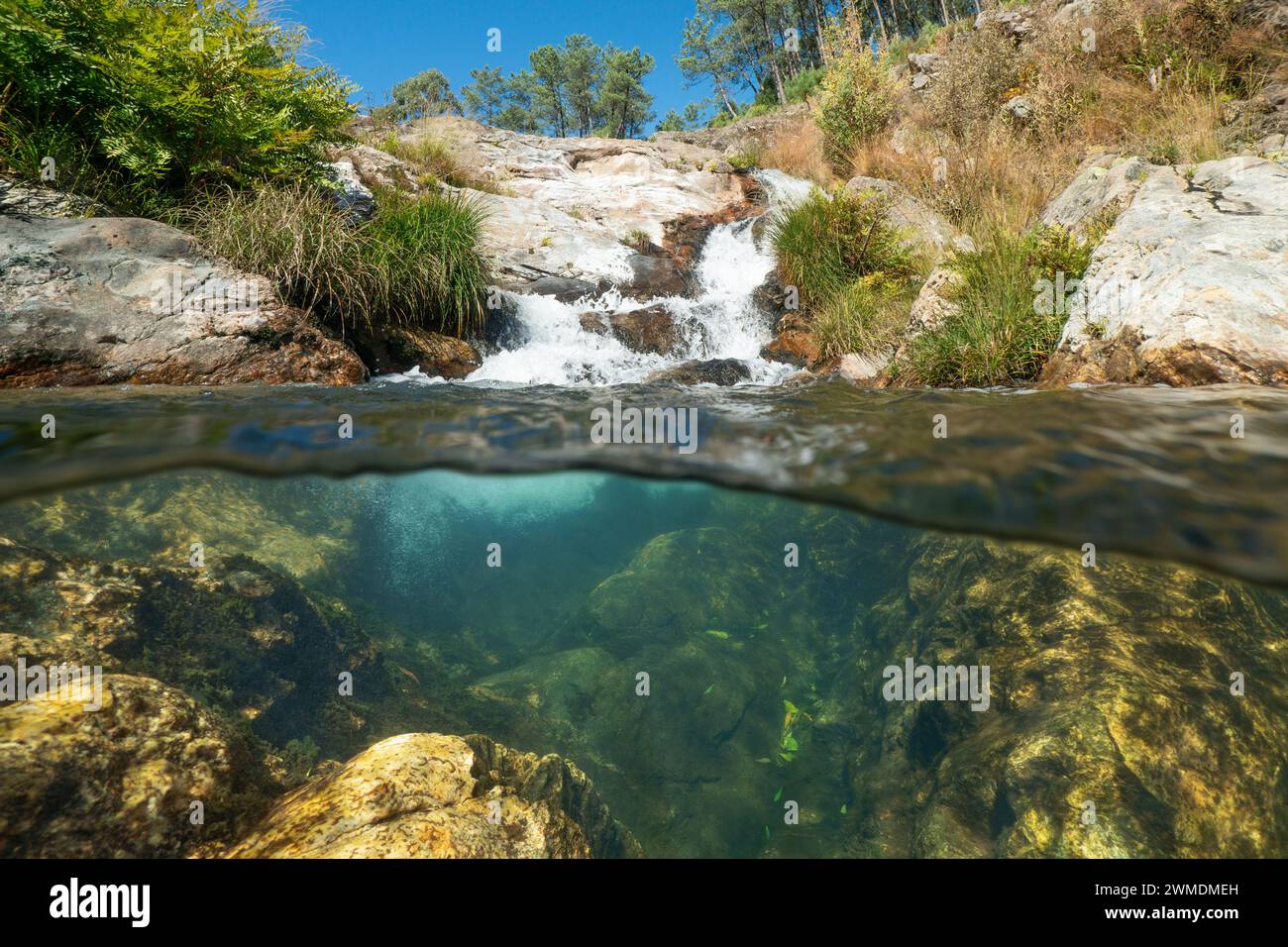 Cascata in un ruscello visto dalla superficie dell'acqua, vista divisa a metà sopra e sott'acqua, scenario naturale, Spagna, Galizia, provincia di Pontevedra Foto Stock