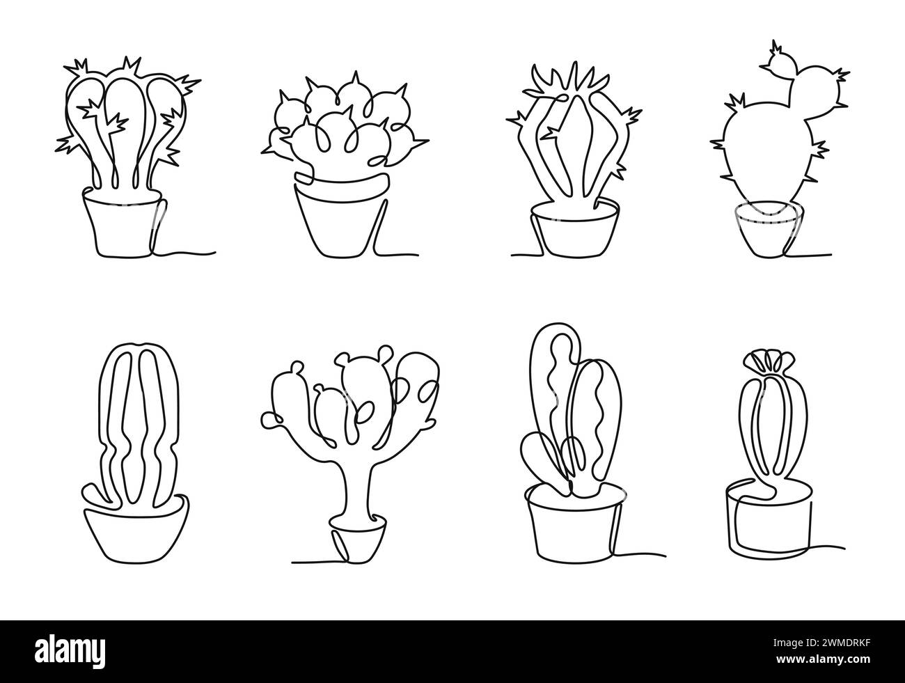 Un cactus incapsulato a linea continua. Succulento messicano con spine in pentole. Piante botaniche con fiori in fiore Illustrazione Vettoriale
