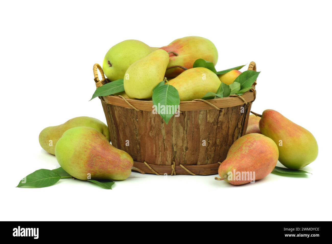 Vecchio cestino di legno con pere biologiche mature. Raccolto . Lavoro in villaggio. Isolamento su sfondo bianco. Primo piano. Autunno. Estate. Foto Stock