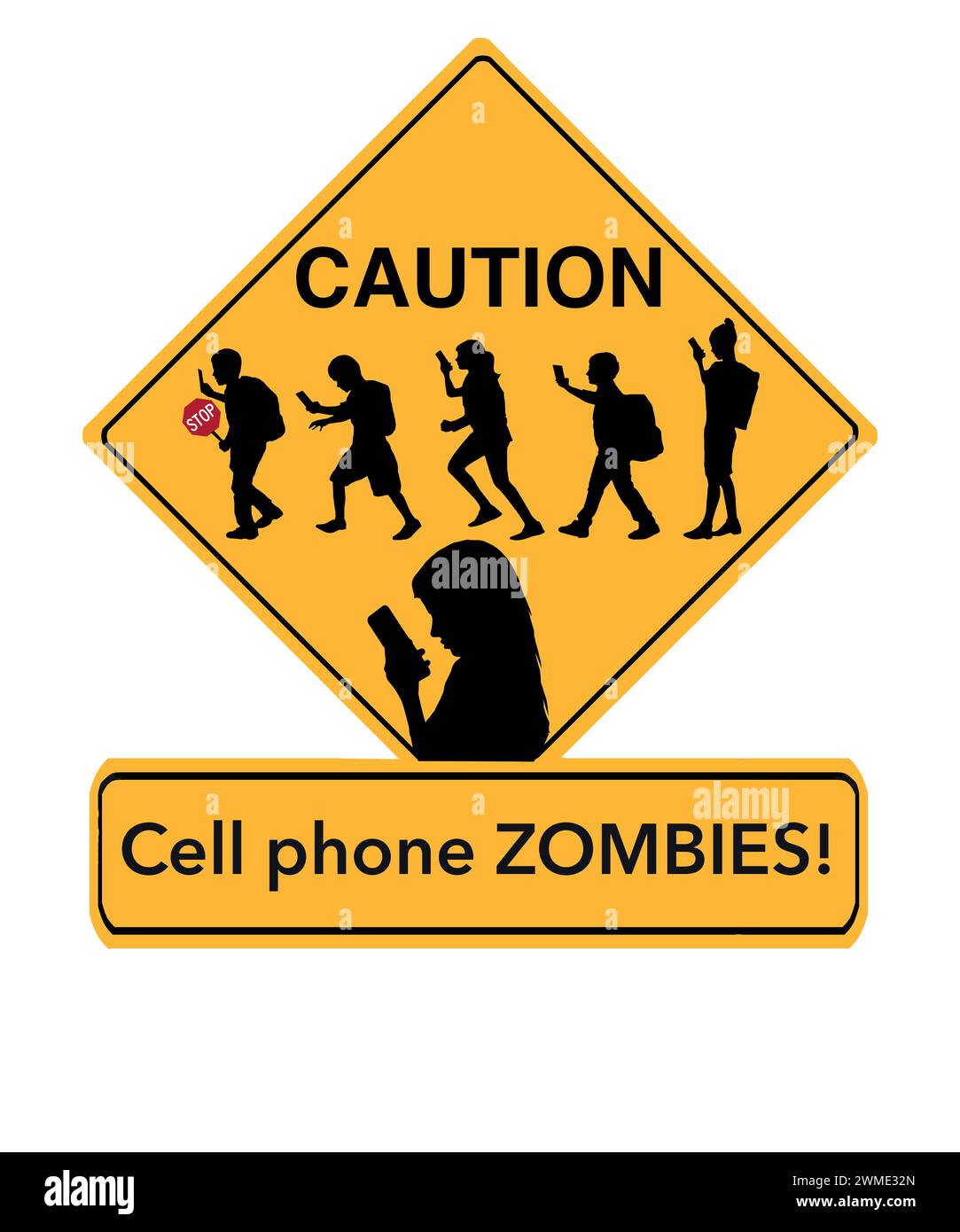 Un cartello di attraversamento della scuola include sagome di bambini che usano telefoni cellulari. Foto Stock