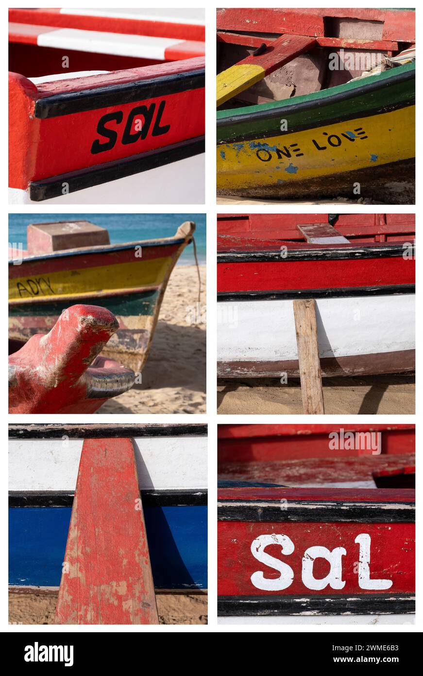 Cameo con coloratissimo dettaglio di barche da pesca, Santa Maria, Sal, Isole Capo Verde, Africa Foto Stock