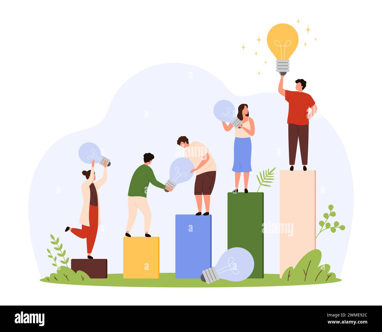 Lavorare in team allo sviluppo di idee creative e di progetti aziendali di migliore qualità. Le persone più piccole che salgono le barre delle carte con lampadine a luce scura, il leader in alto regge un'illustrazione vettoriale del cartone animato con lampada luminosa Illustrazione Vettoriale