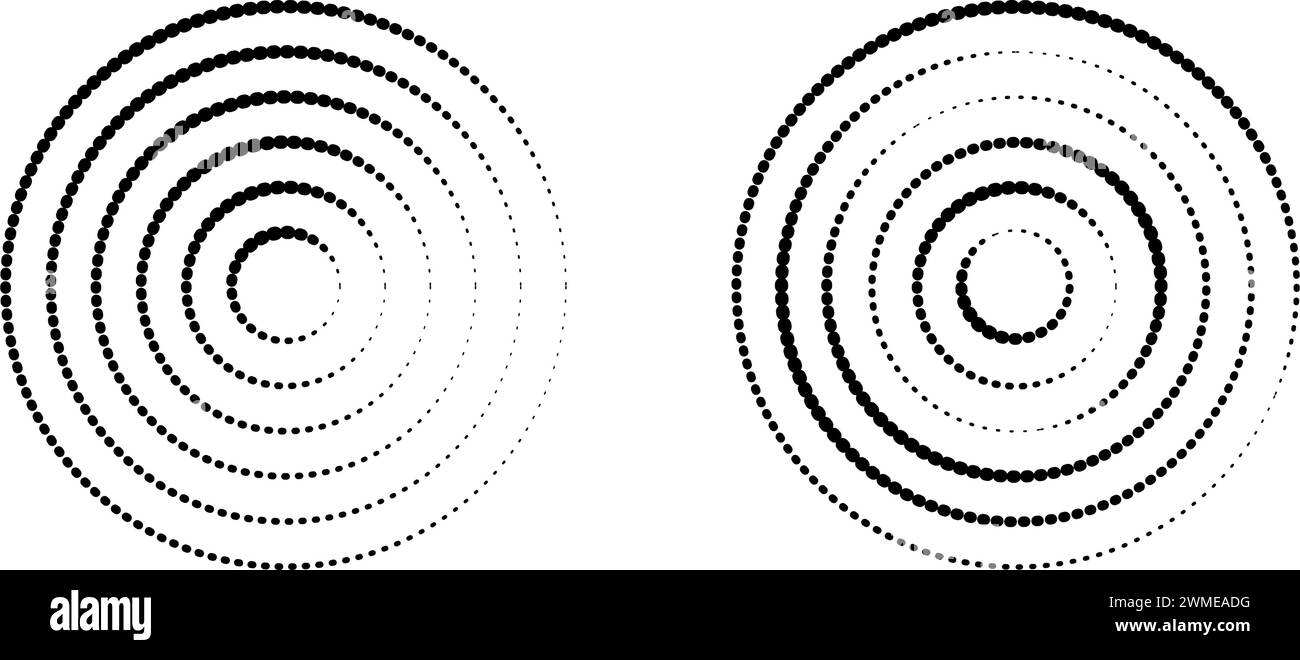 Icone ondulate circolari. Cerchi concentrici con linee tratteggiate interrotte isolate su sfondo bianco. Vortice, idromassaggio, onde sonar, onde sonore, scoppio di sole Illustrazione Vettoriale