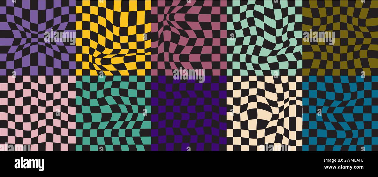 Campioni di sfondo scacchiera distorti. Motivi psichedelici con quadrati colorati deformati. Effetti di illusione visiva a scacchi. Layout goffi in stile retrò Illustrazione Vettoriale