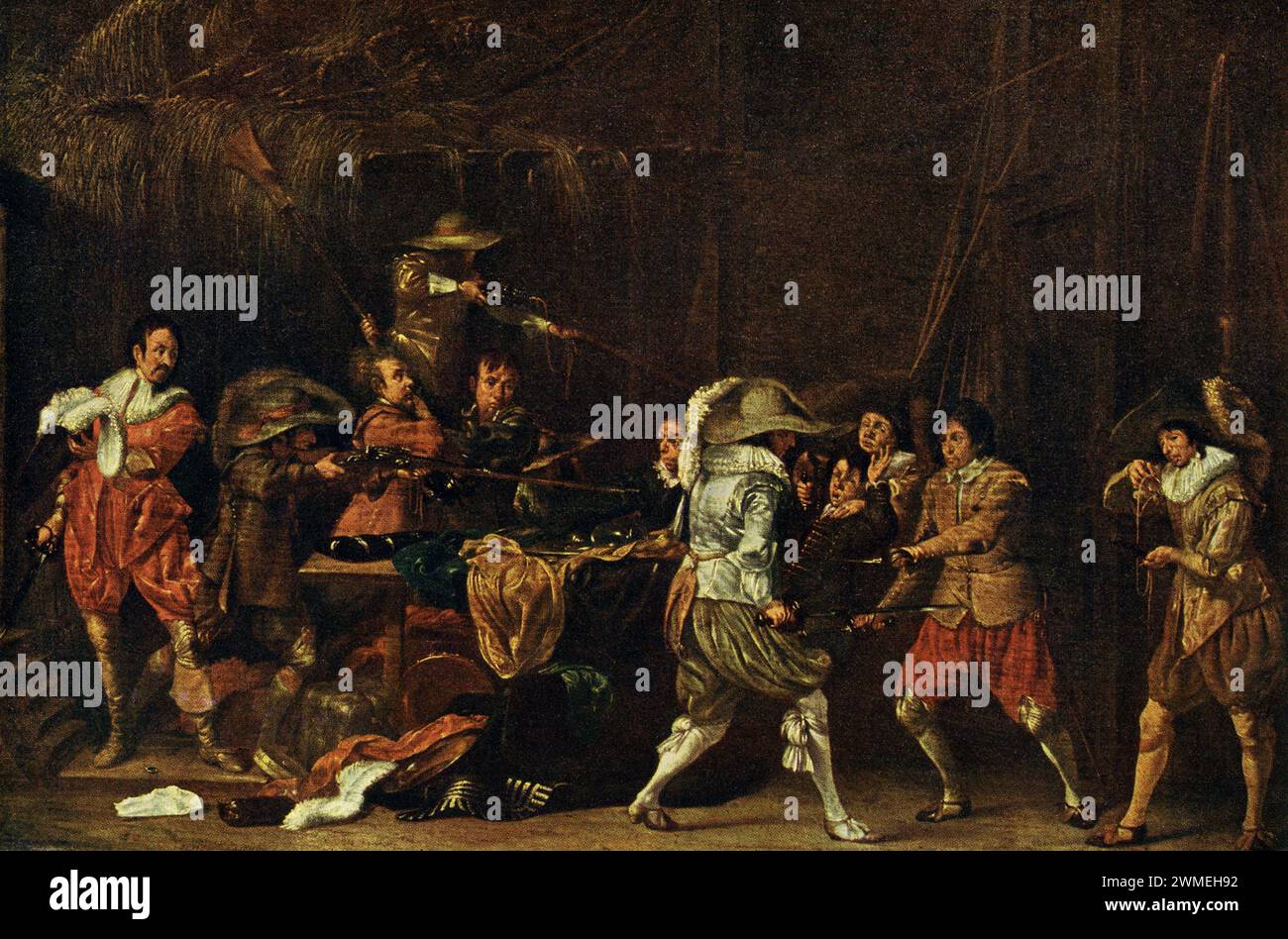 Willem Cornelisz Duyster (1599–1635) è stato un pittore olandese del secolo d'oro di Amsterdam, meglio conosciuto per le sue "scene di guardia" (cortegaarddje), dipinti di genere che mostrano la vita militare. In questo dipinto di Duyster, i soldati combattono per bottino in un fienile. Foto Stock
