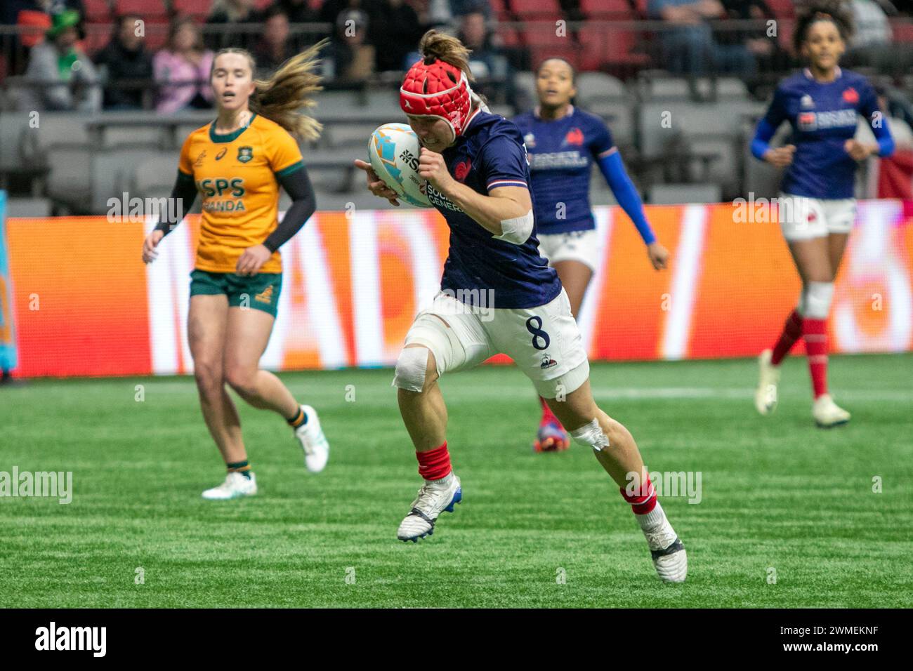 VANCOUVER, BC - FEBBRAIO 25: Giocatori in azione durante la partita delle World Rugby Seven Series 2024 tra XXXXXX e XXXXX al BC Place Stadium di Vancouver, British Columbia, Canada il 25 febbraio 2024. (Foto di Tomaz Jr/PxImages) credito: PX Images/Alamy Live News Foto Stock