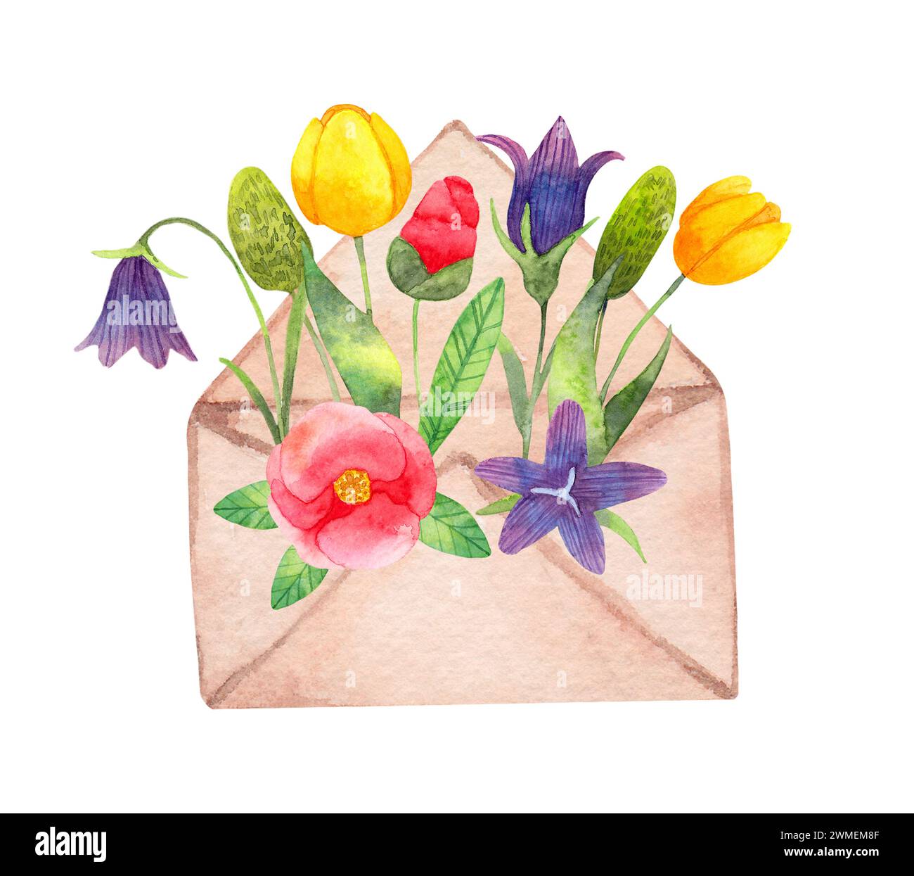 Busta di carta con fiori dal giardino. Acquerello semplice illustrazione. Decorazioni stagionali con tulipani, cardo e campanelli. Botanico primaverile Foto Stock